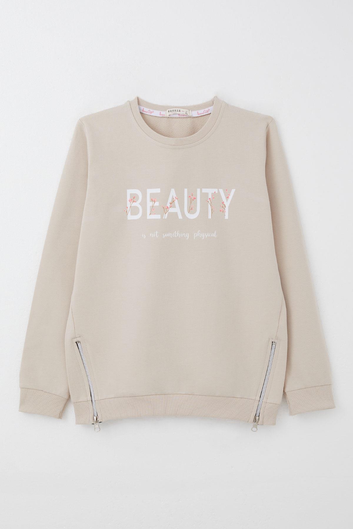 Breeze Kız Çocuk Sweatshirt Yazı Baskılı Kenarları Fermuar Detaylı Bej (9-14 Yaş)