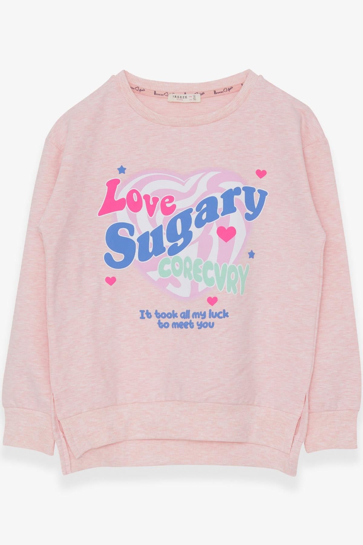 Breeze Kız Çocuk Sweatshirt Yazı Baskılı Yırtmaçlı Somon Melanj (9-14 Yaş)