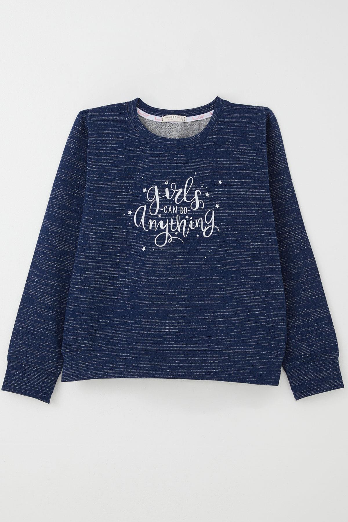 Breeze Kız Çocuk Sweatshirt Yazı Baskılı Yıldızlı Lacivert Melanj (9-14 Yaş)