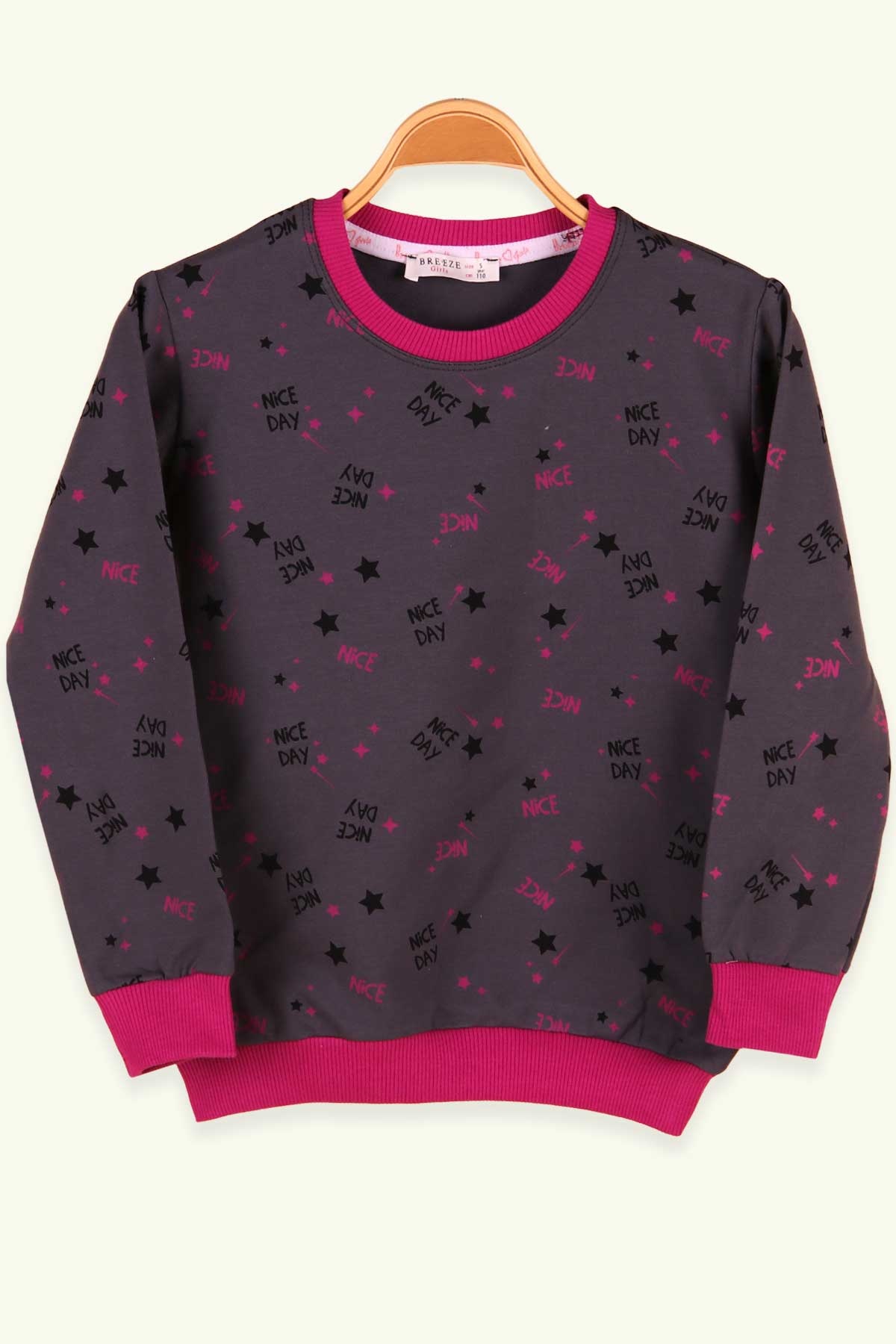 Breeze Kız Çocuk Sweatshirt Yıldız Desenli Füme (5-9 Yaş)