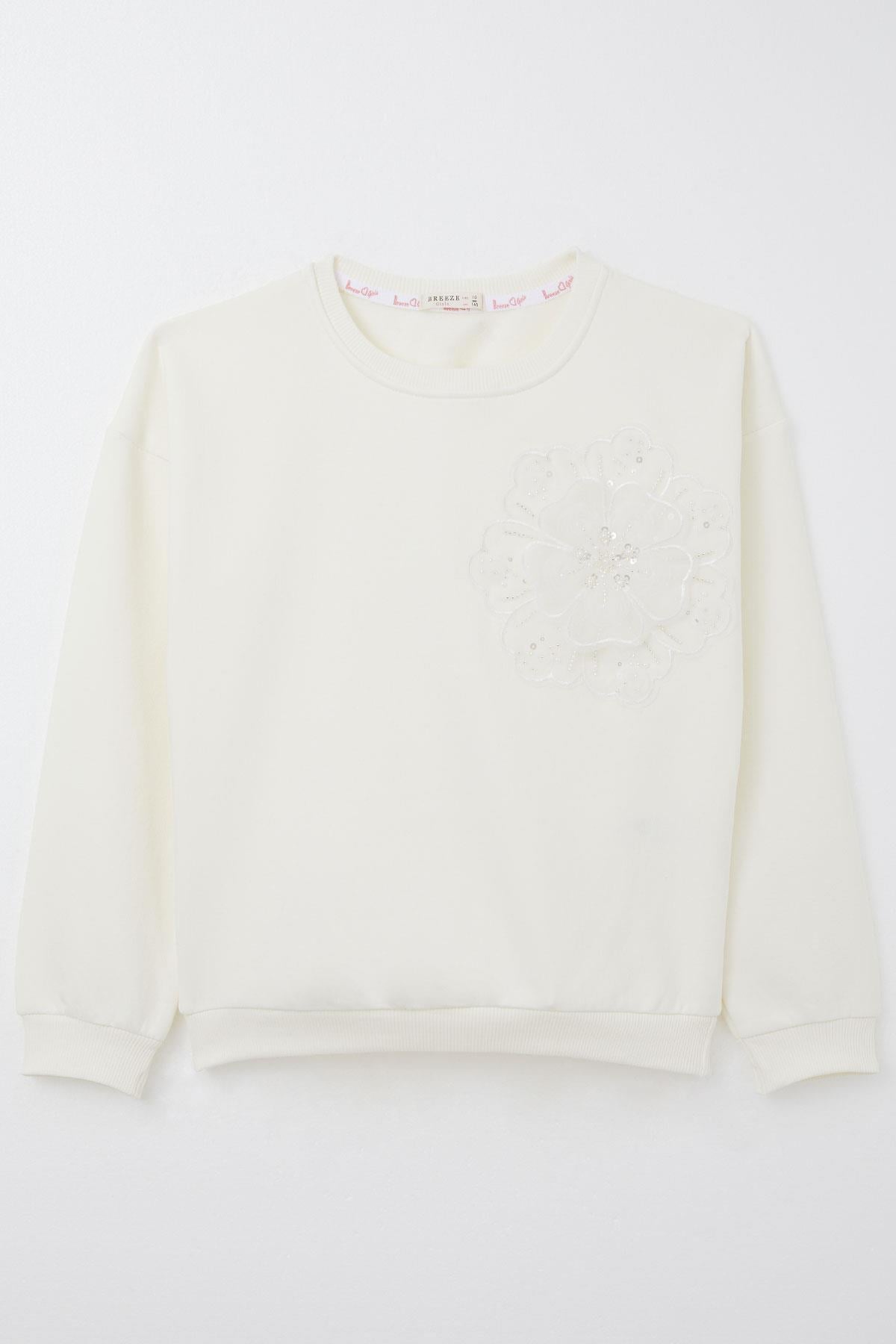 Breeze Kız Çocuk Sweatshirt Yonca Arma Aksesuarlı Krem (9-14 Yaş)