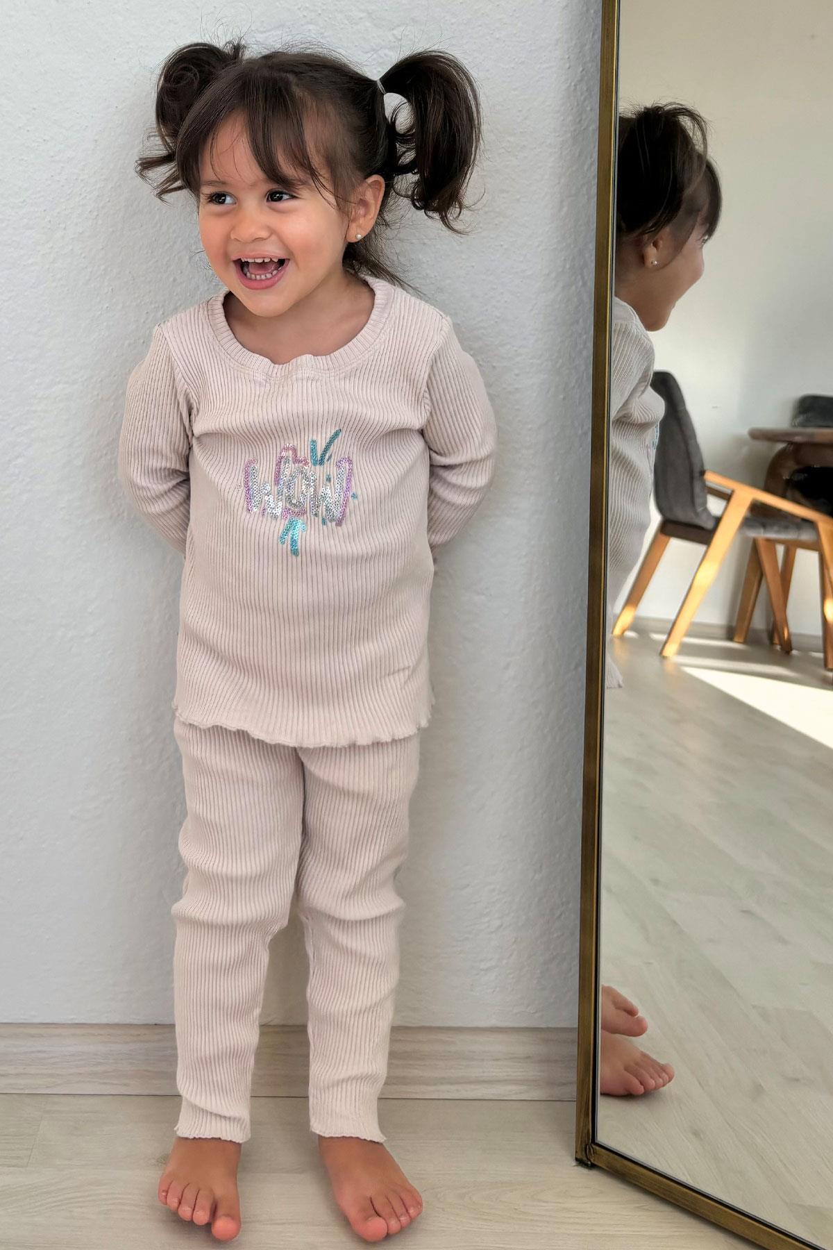 Breeze Kız Çocuk Tayt Takımı Pullu Yazı Baskılı Taş (1.5-5 Yaş)