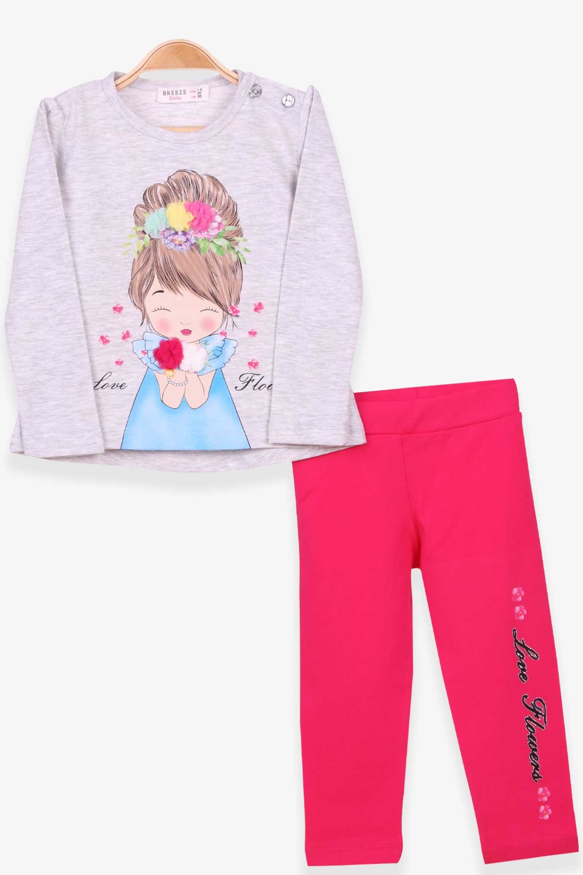 Breeze Kız Çocuk Taytlı Takım Baskılı Çiçekli Gri Melanj (1.5-5 Yaş)