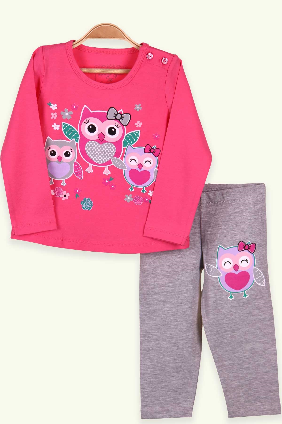 Breeze Kız Çocuk Taytlı Takım Baykuş Baskılı Pembe (1.5-5 Yaş)
