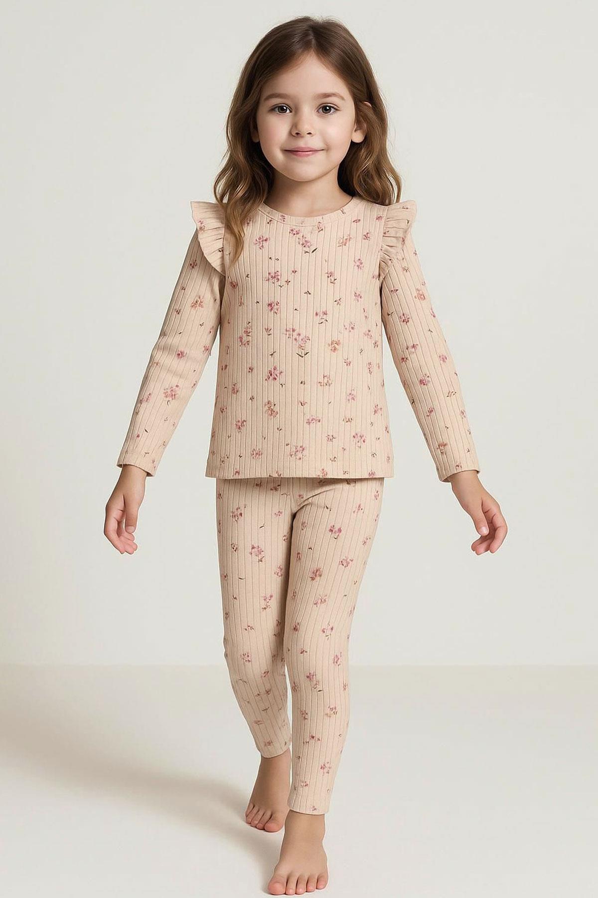 Breeze Kız Çocuk Taytlı Takım Çiçek Desenli Omuzu Fırfır Detaylı Pudra (2-6 Yaş)