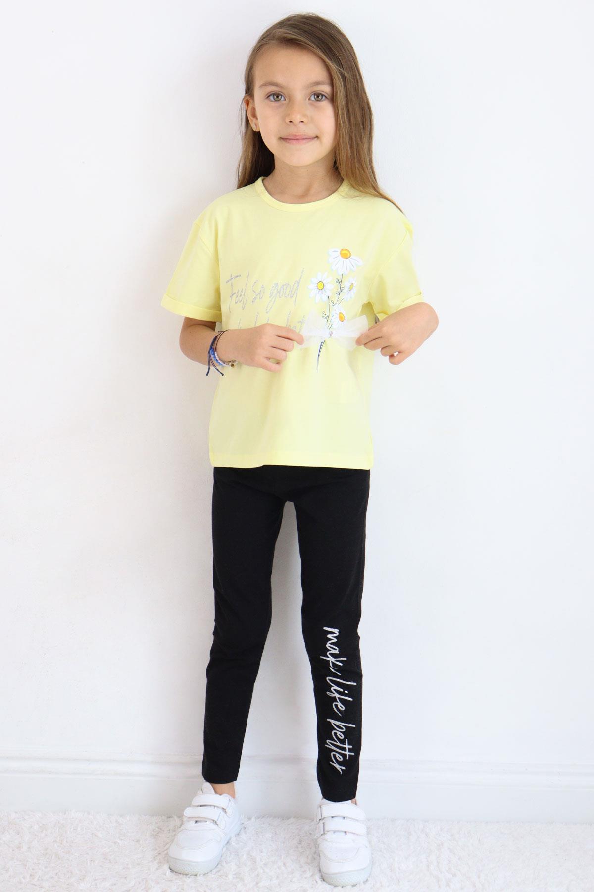 Breeze Kız Çocuk Taytlı Takım Çiçek & Yazı Baskılı Fiyonklu Sarı (5-10 Yaş)