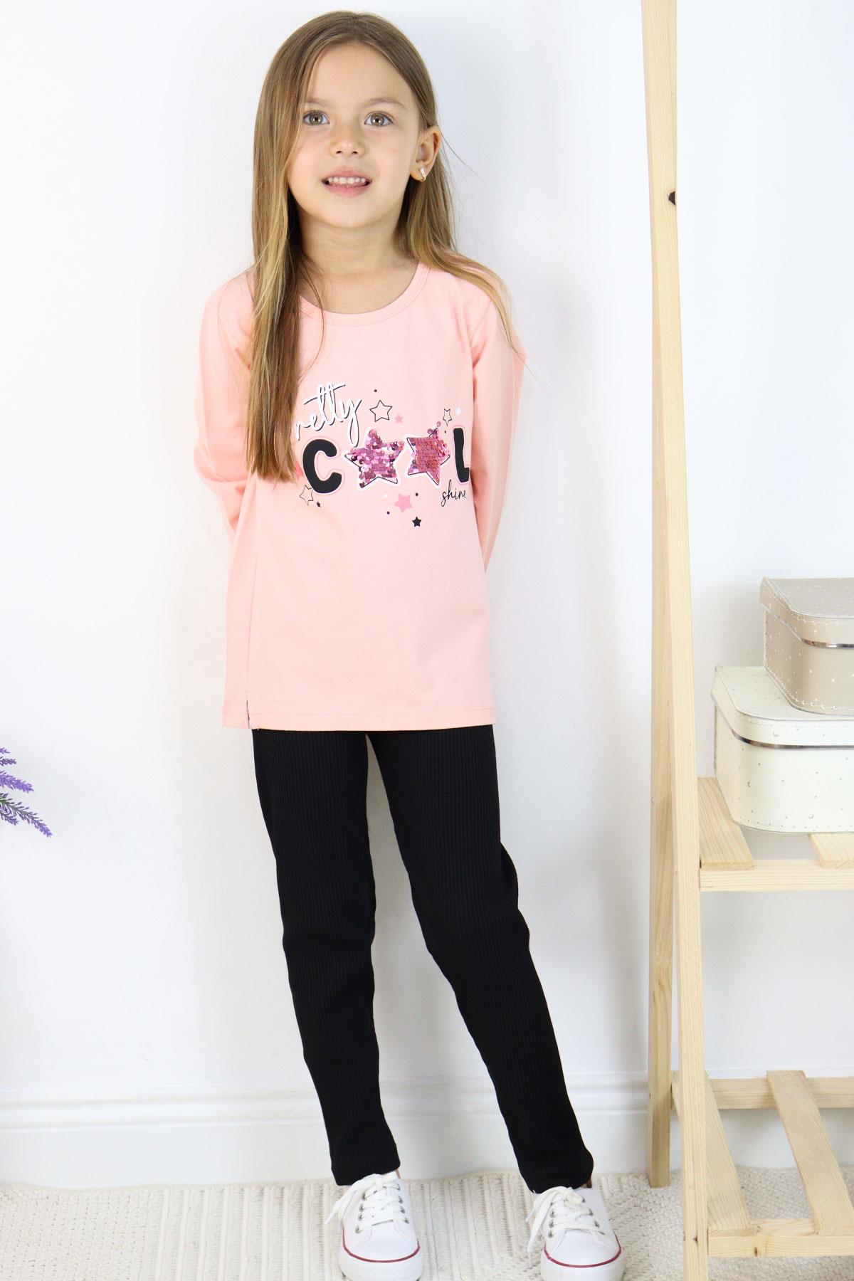 Breeze Kız Çocuk Taytlı Takım Cool Yazı Baskılı Pullu Somon (3-8 Yaş)
