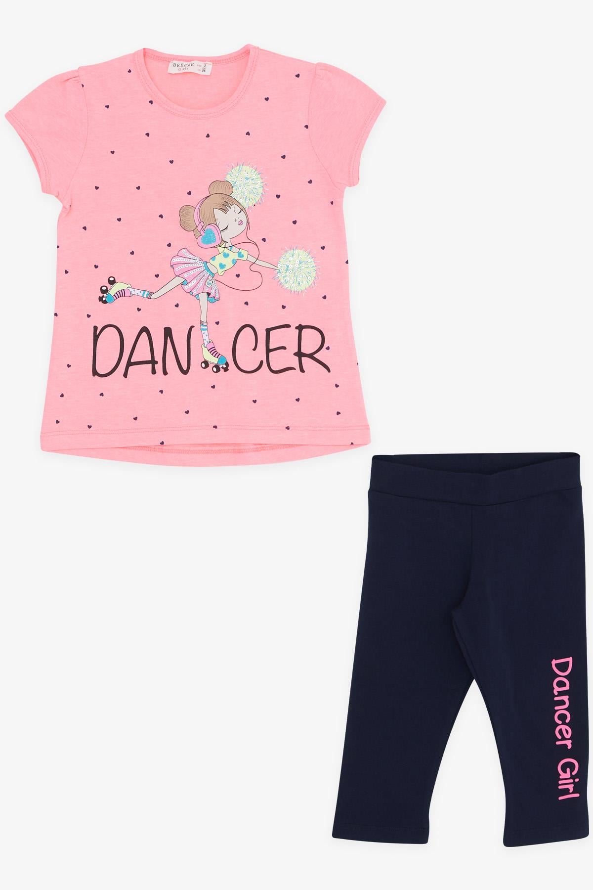 Breeze Kız Çocuk Taytlı Takım Dans Eden Kız Baskılı Neon Pembe (3-8 Yaş)
