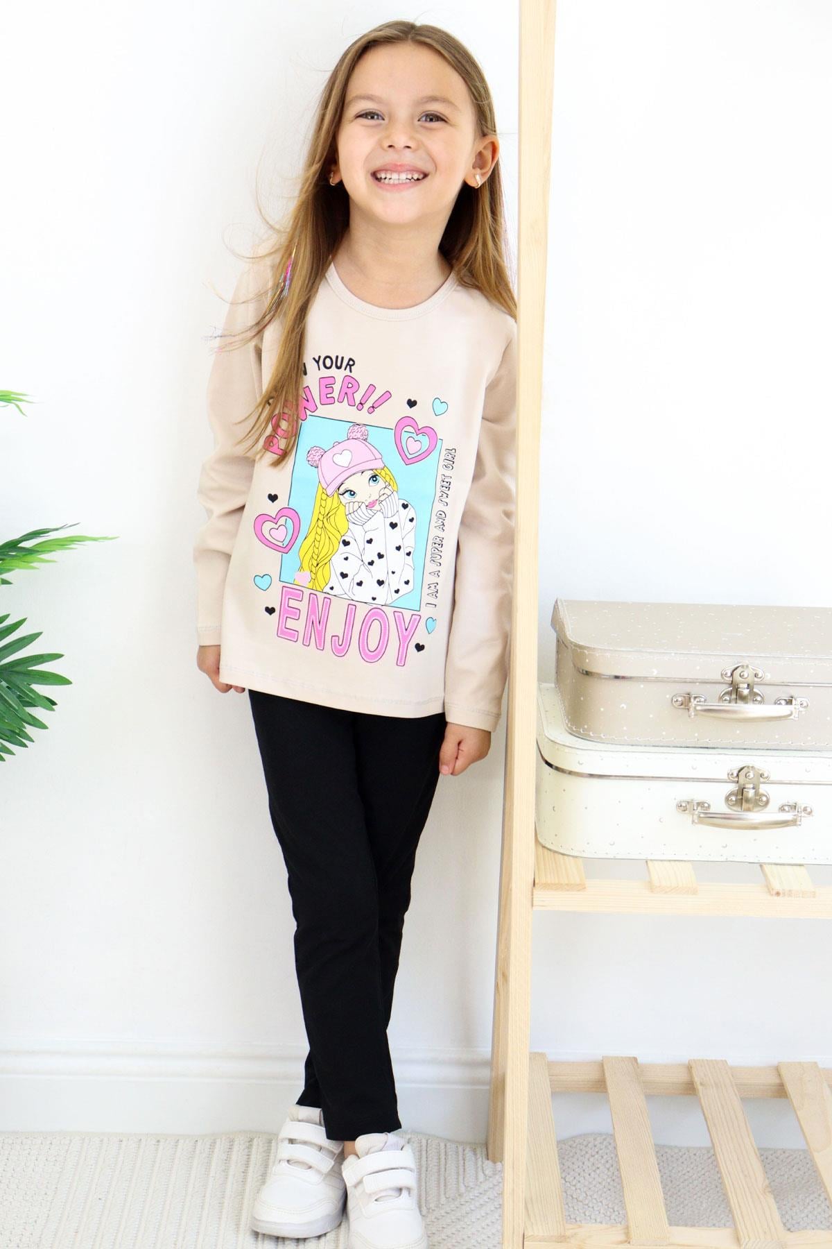 Breeze Kız Çocuk Taytlı Takım Güçlü Tatlı Kız Baskılı Bej (5-10 Yaş)