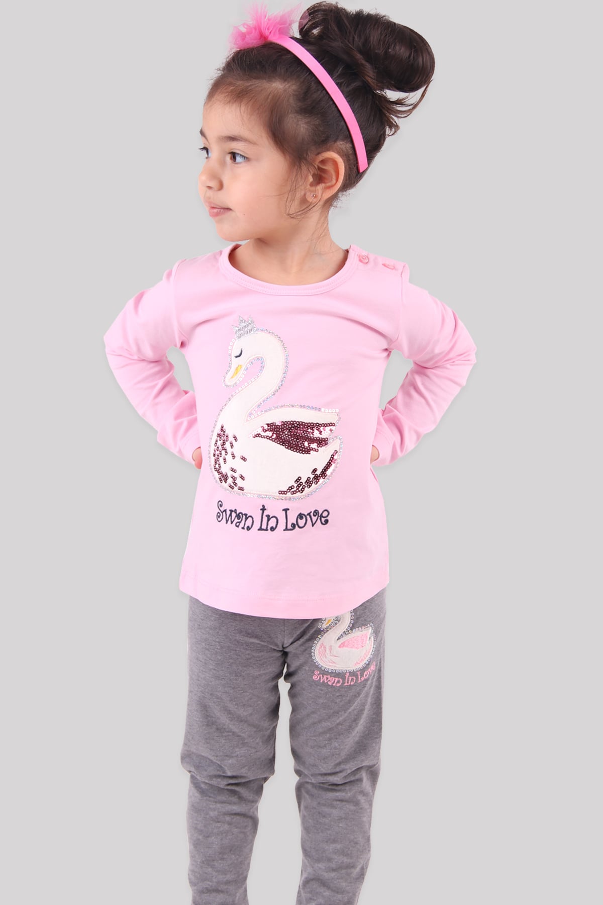 Breeze Kız Çocuk Taytlı Takım Kuğulu Pullu Pembe (1.5-5 Yaş)