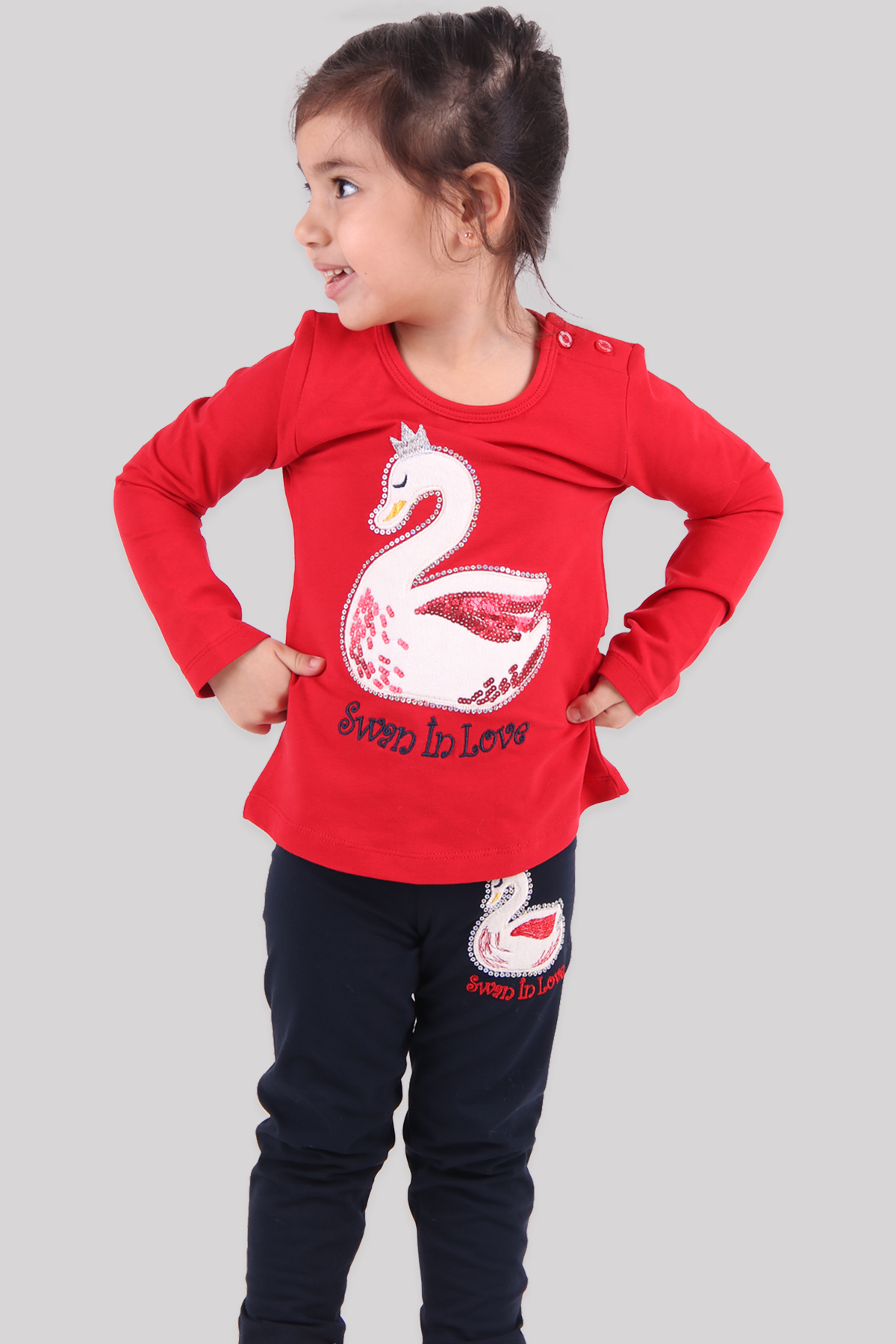 Breeze Kız Çocuk Taytlı Takım Kuğulu Pullu Kırmızı (1.5-5 Yaş)