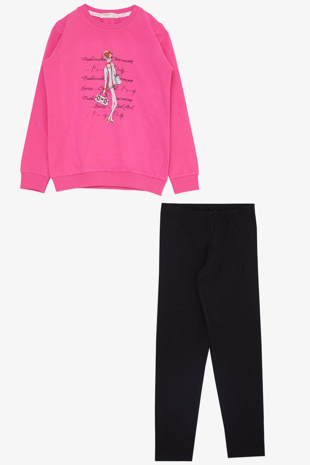 Breeze Kız Çocuk Taytlı Takım Moda Temalı Havalı Kız Baskılı Fuşya (5-10 Yaş)