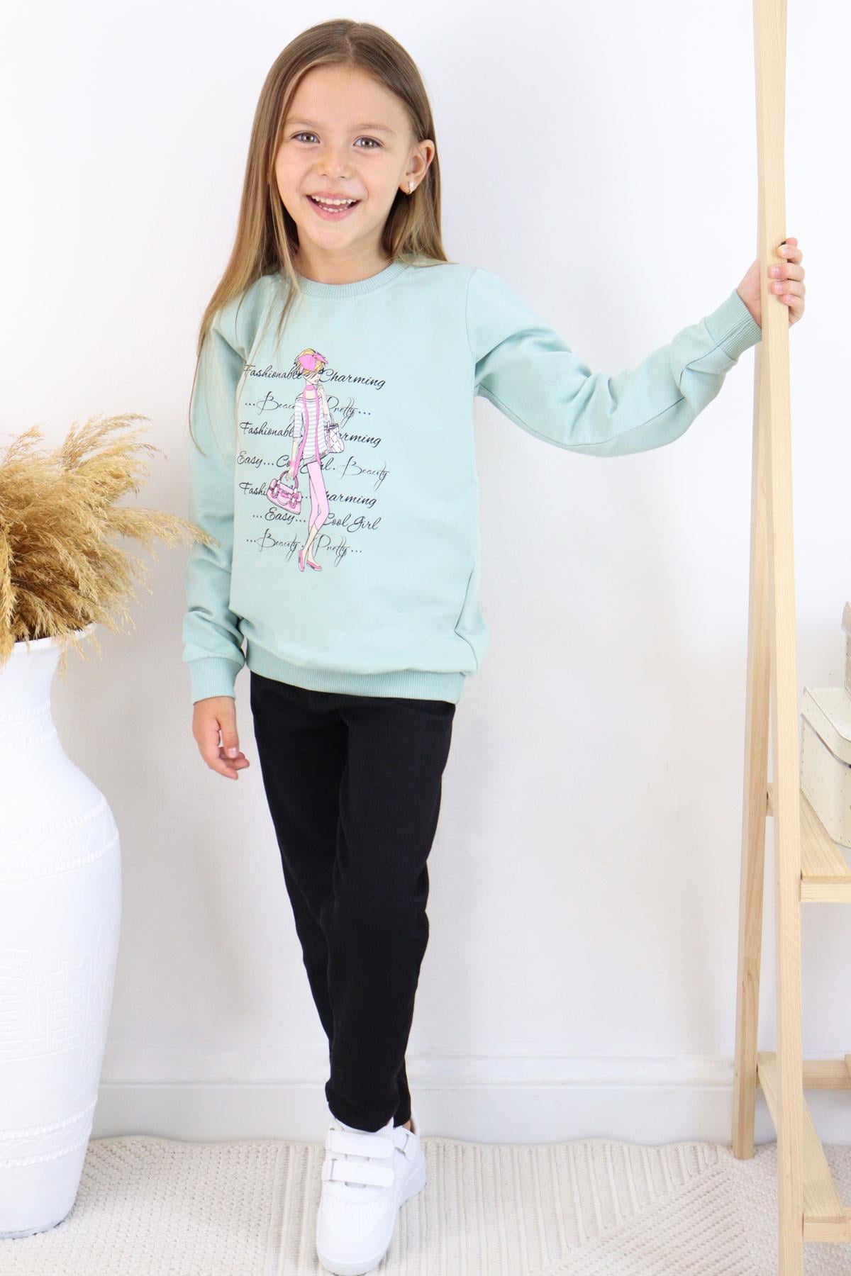 Breeze Kız Çocuk Taytlı Takım Moda Temalı Havalı Kız Baskılı Mint Yeşili (5-10 Yaş)