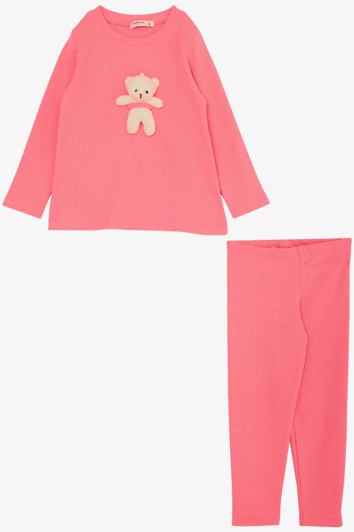 Breeze Kız Çocuk Taytlı Takım Oyuncak Ayıcık Aksesuarlı Neon Pembe (2-6 Yaş)
