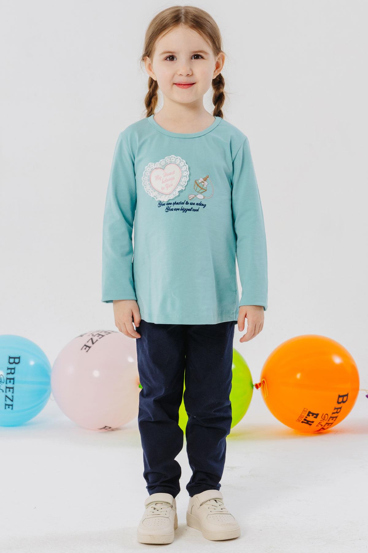 Breeze Kız Çocuk Taytlı Takım Parfüm Şişesi Nakış Baskılı Güpürlü Kalpli Su Yeşili (1.5-5 Yaş)