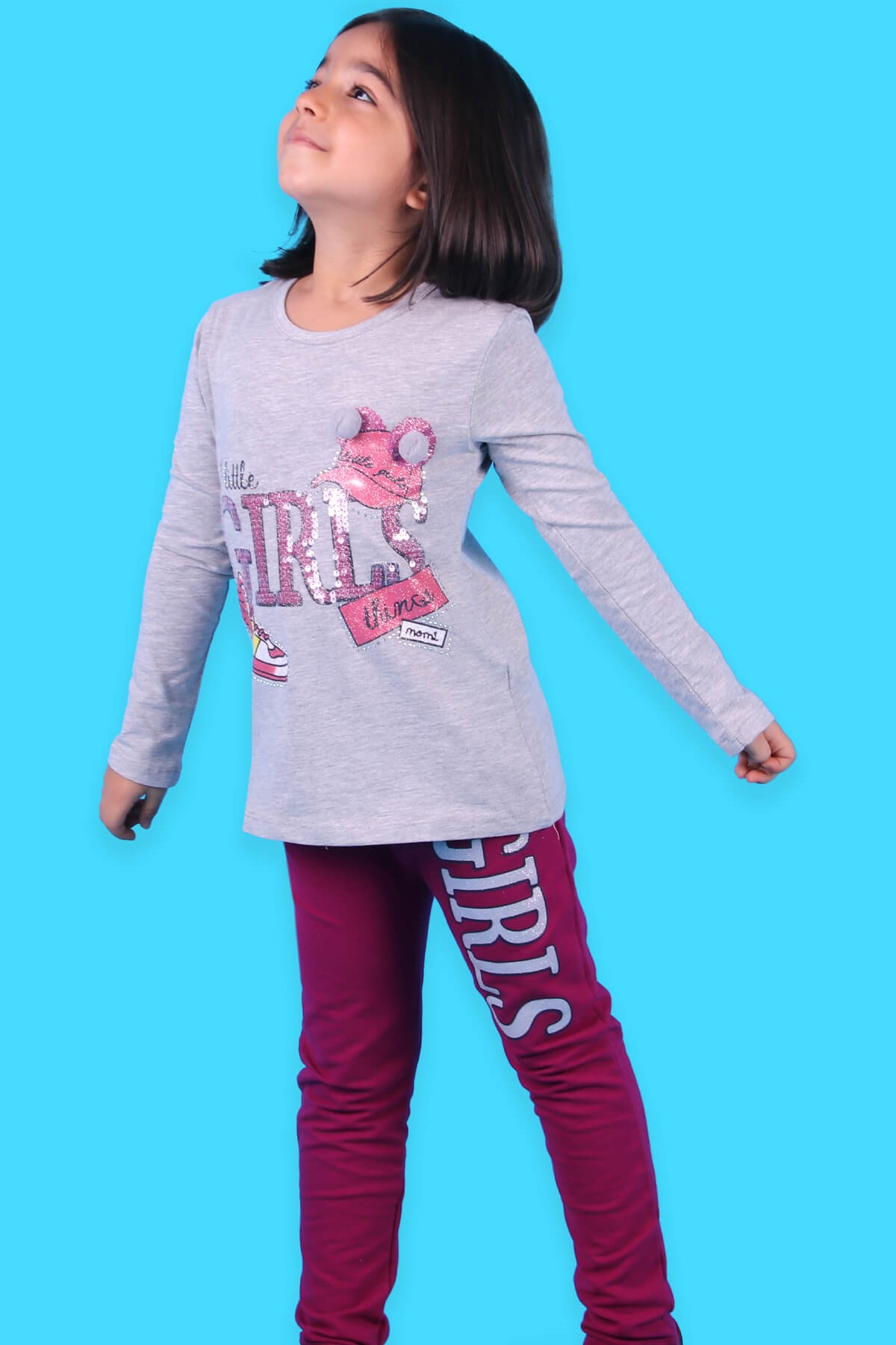 Breeze Kız Çocuk Taytlı Takım Pul İşlemeli Gri-Fuşya (4-9 Yaş)