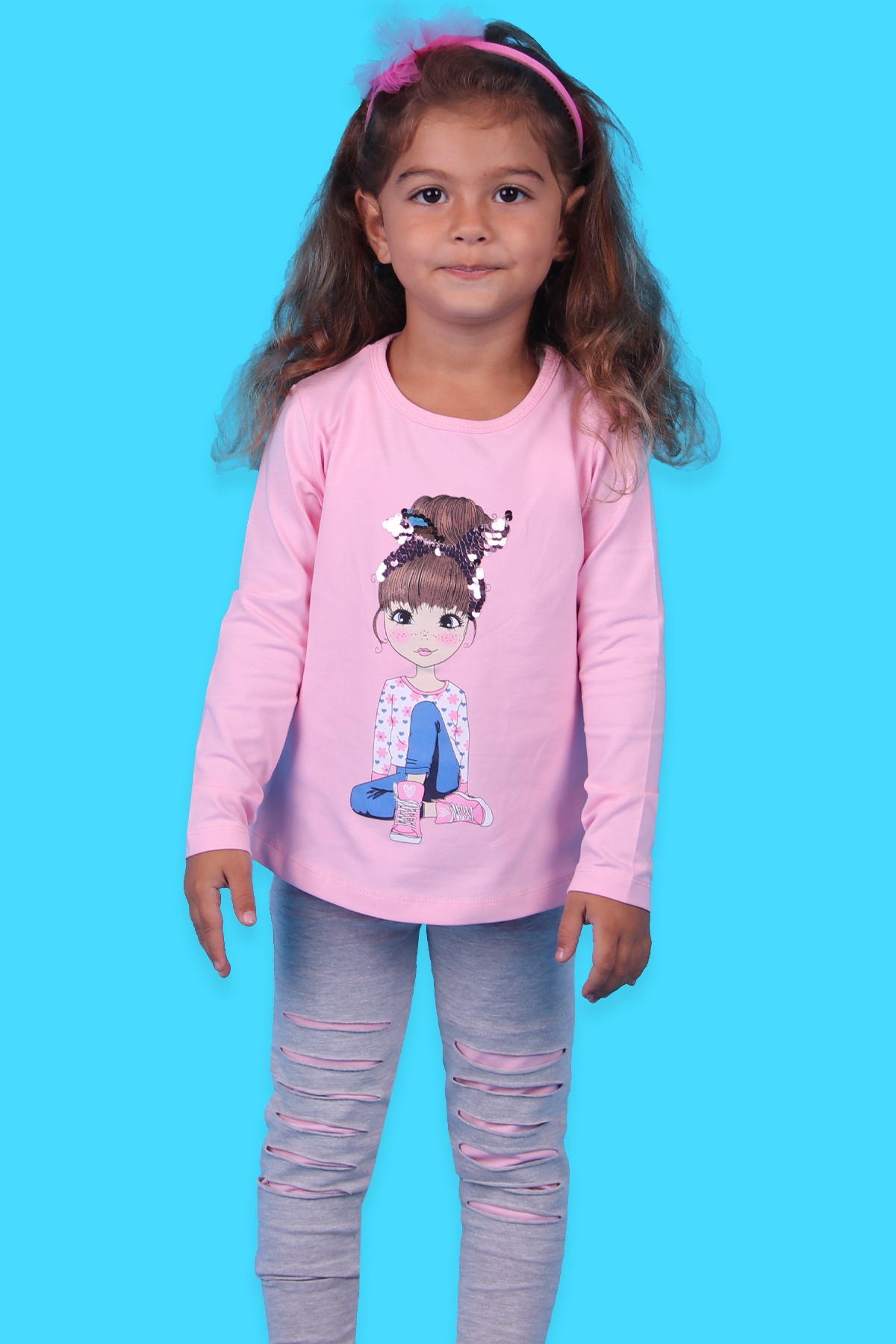 Breeze Kız Çocuk Taytlı Takım Pul Kurdeleli Oturan Kız Pudra (1.5-5 Yaş)