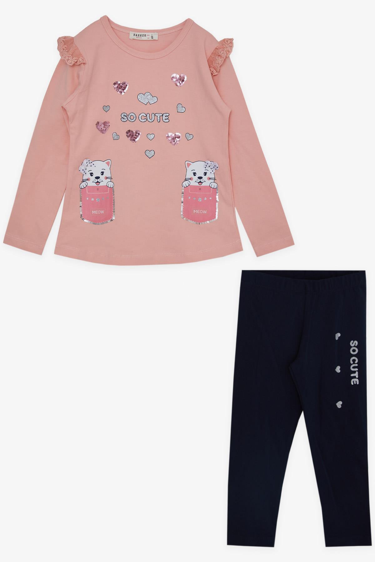 Breeze Kız Çocuk Taytlı Takım Pullu Fiyonklu Sevimli Kedicik Baskılı Somon (1-4 Yaş)