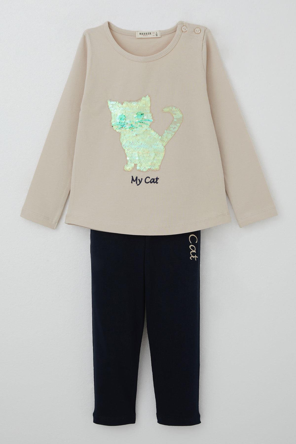 Breeze Kız Çocuk Taytlı Takım Pullu Kedicik Baskılı Nakışlı Bej (1.5-5 Yaş)