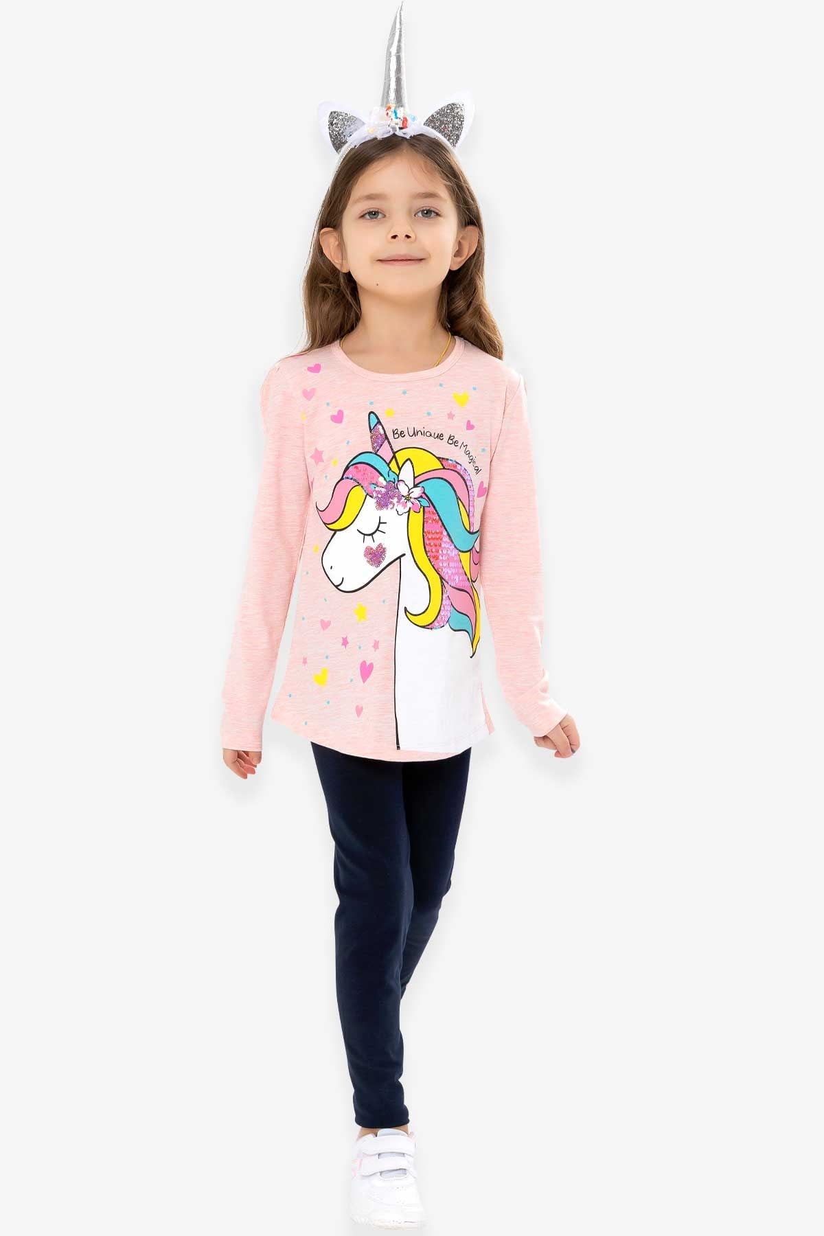 Breeze Kız Çocuk Taytlı Takım Pullu Simli Unicorn Somon Melanj (3-8 Yaş)