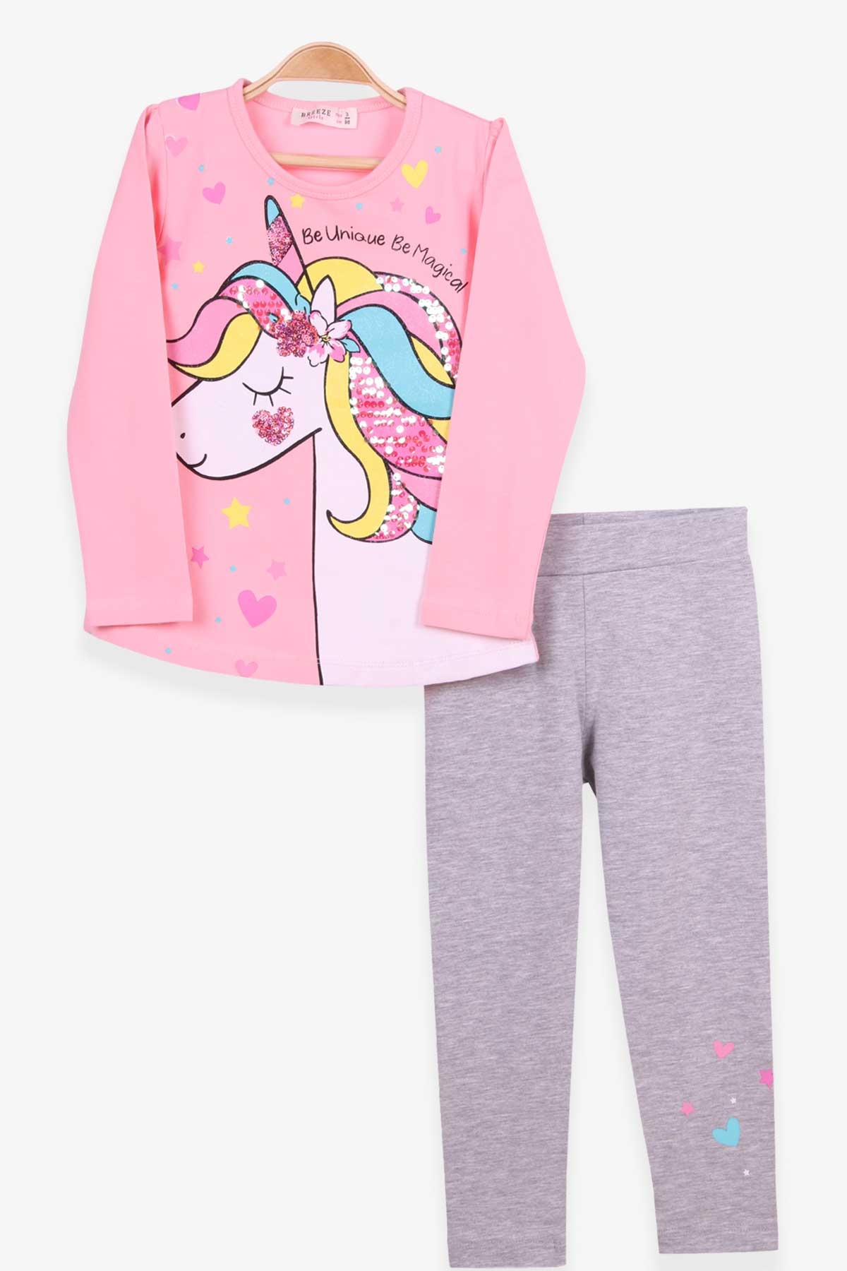 Breeze Kız Çocuk Taytlı Takım Pullu Simli Unicorn Pudra (3-8 Yaş)