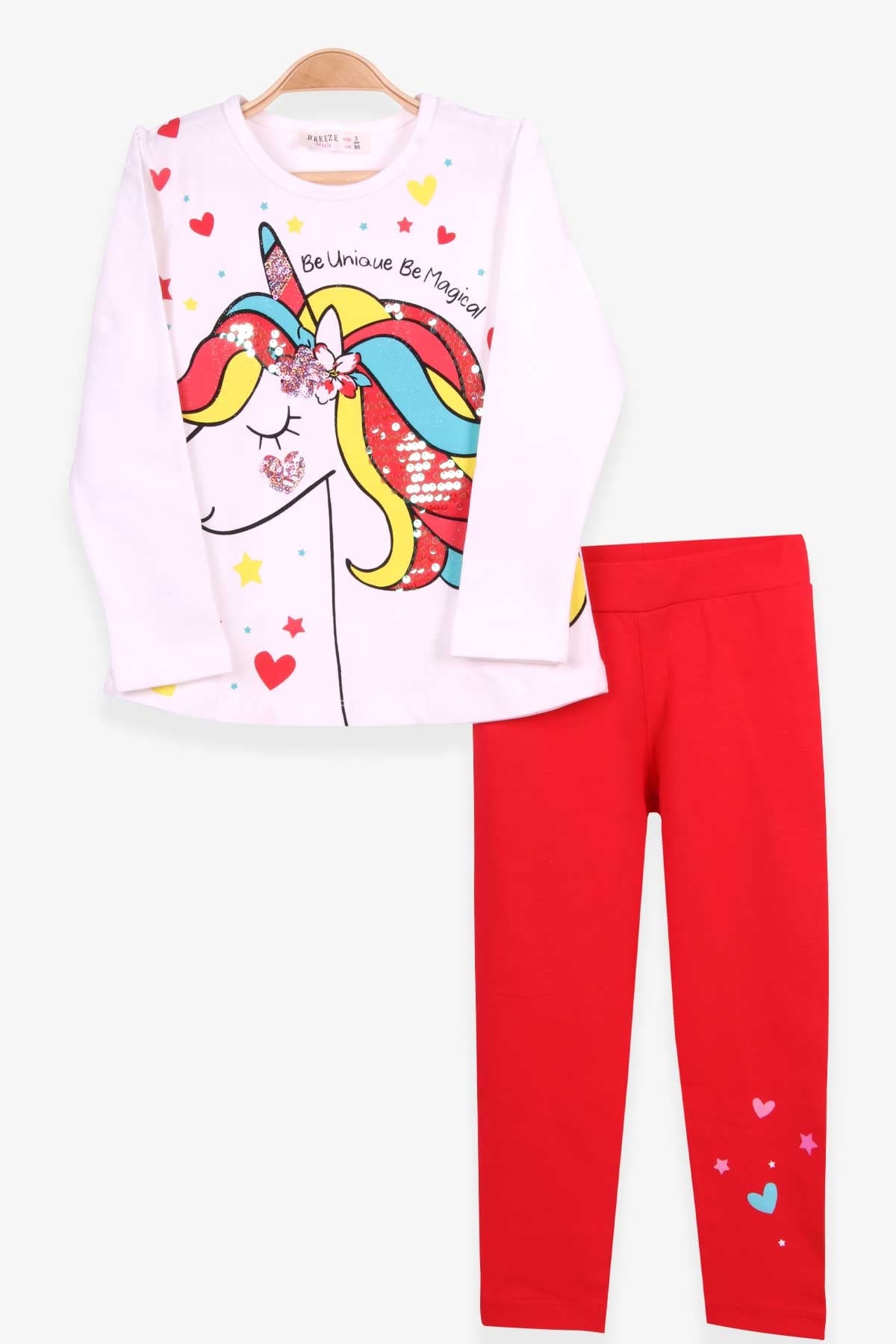 Breeze Kız Çocuk Taytlı Takım Pullu Simli Unicorn Ekru (3-8 Yaş)