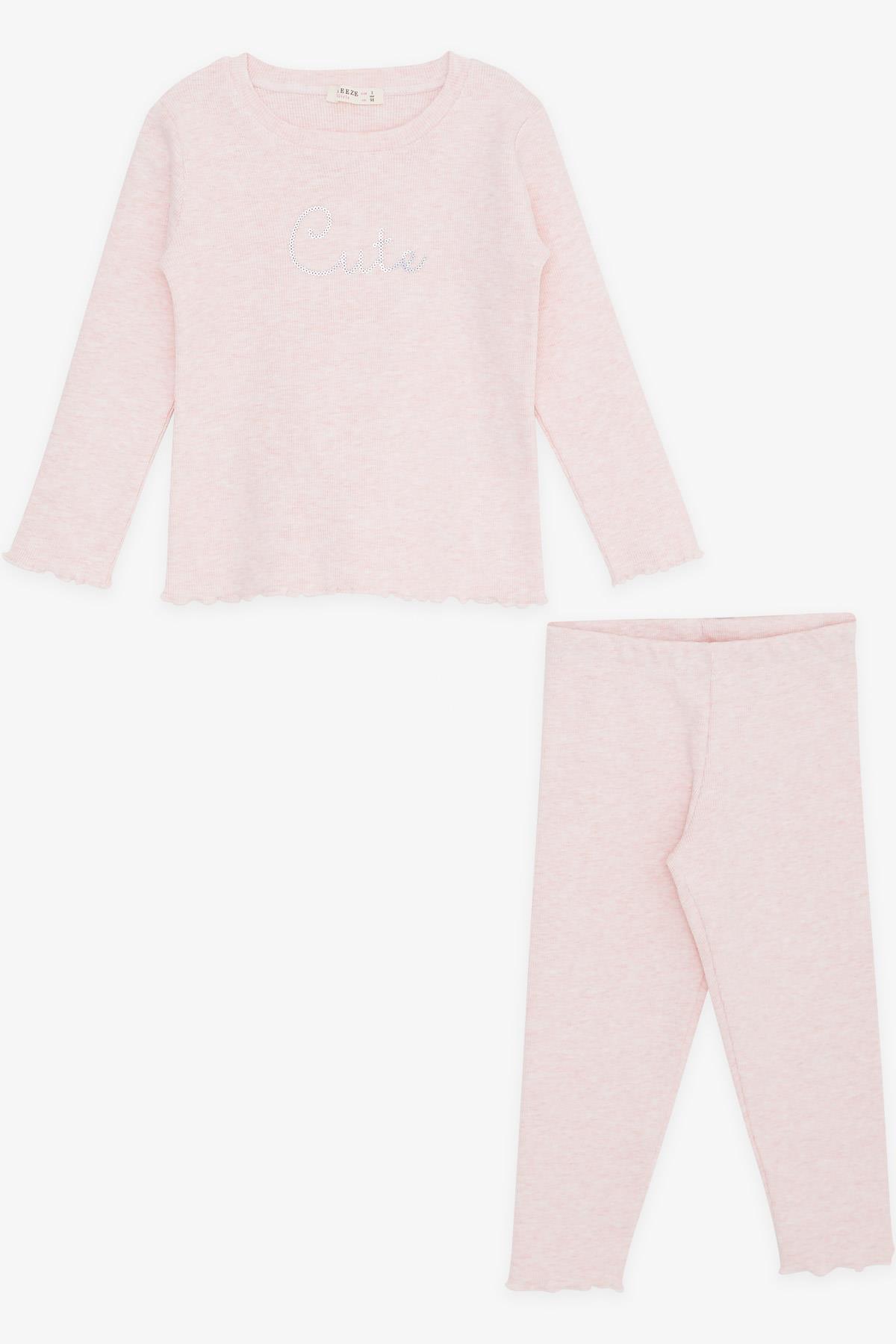Breeze Kız Çocuk Taytlı Takım Pullu Yazı Nakışlı Pembe Melanj (1.5-5 Yaş)