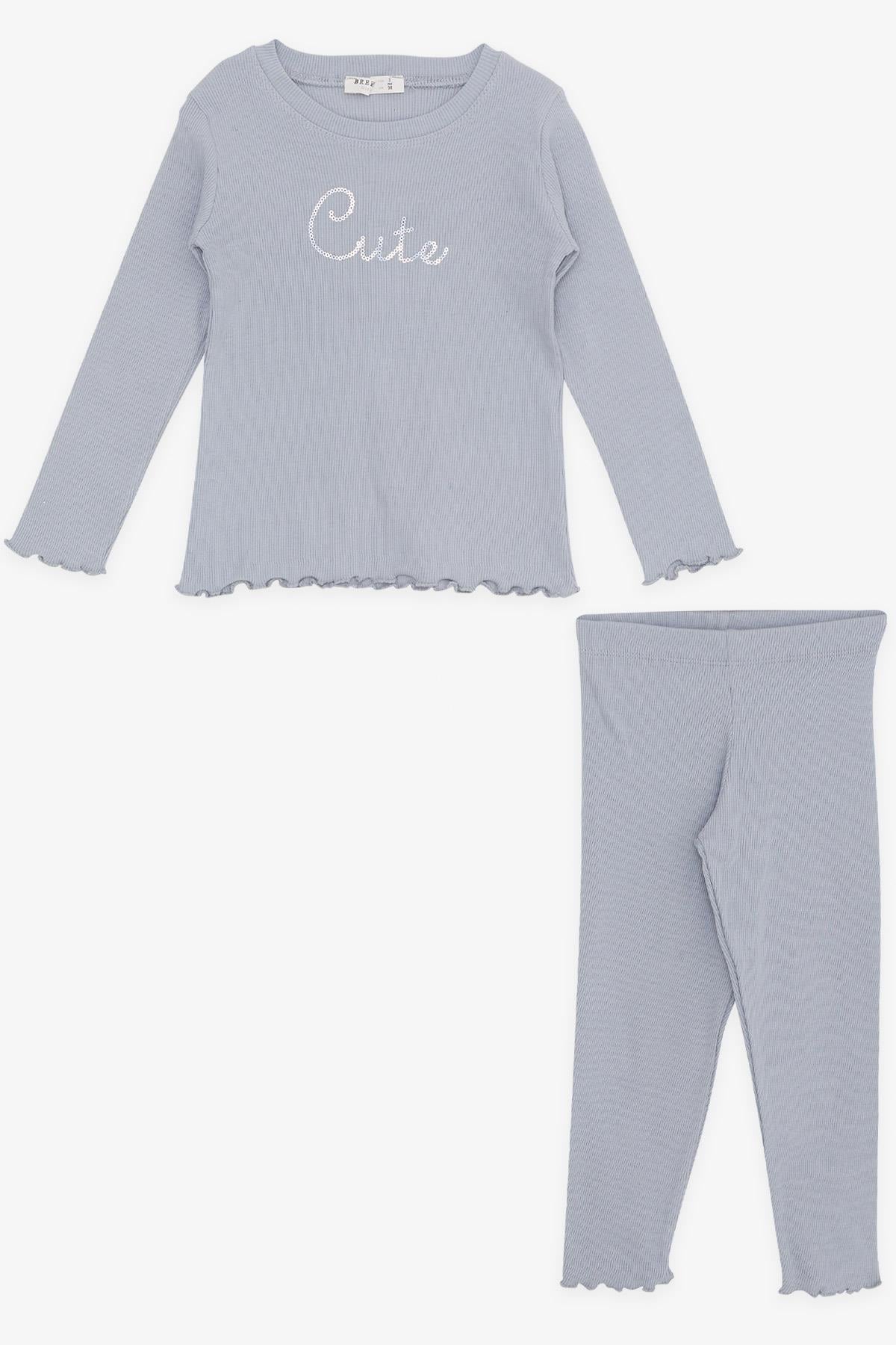 Breeze Kız Çocuk Taytlı Takım Pullu Yazı Nakışlı Gri (1.5-5 Yaş)