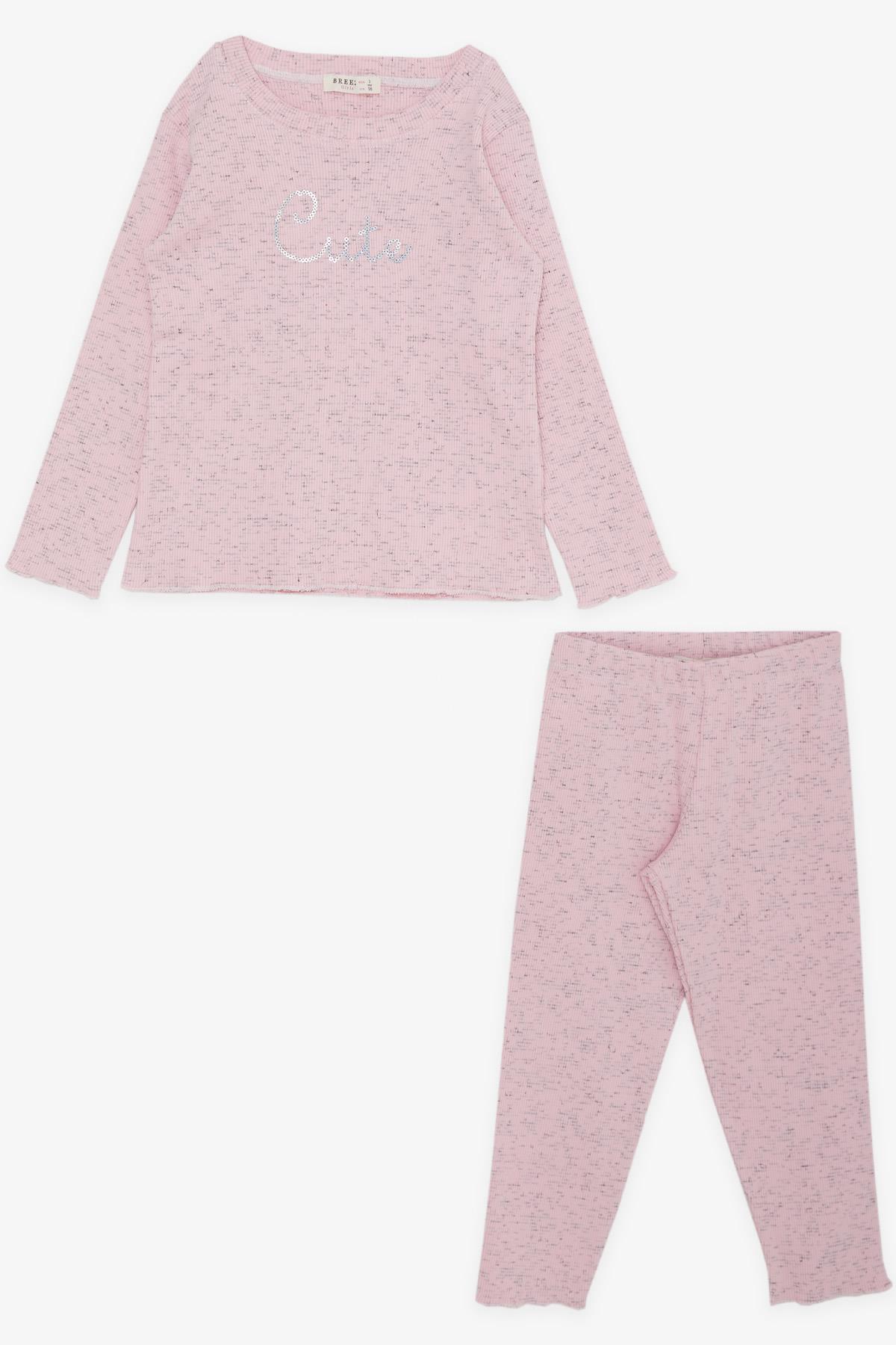 Breeze Kız Çocuk Taytlı Takım Pullu Yazı Nakışlı Pembe (1.5-5 Yaş)