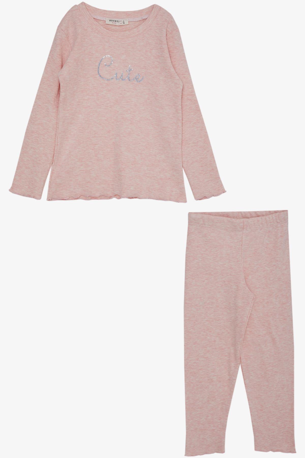 Breeze Kız Çocuk Taytlı Takım Pullu Yazı Nakışlı Somon Melanj (1.5-5 Yaş)