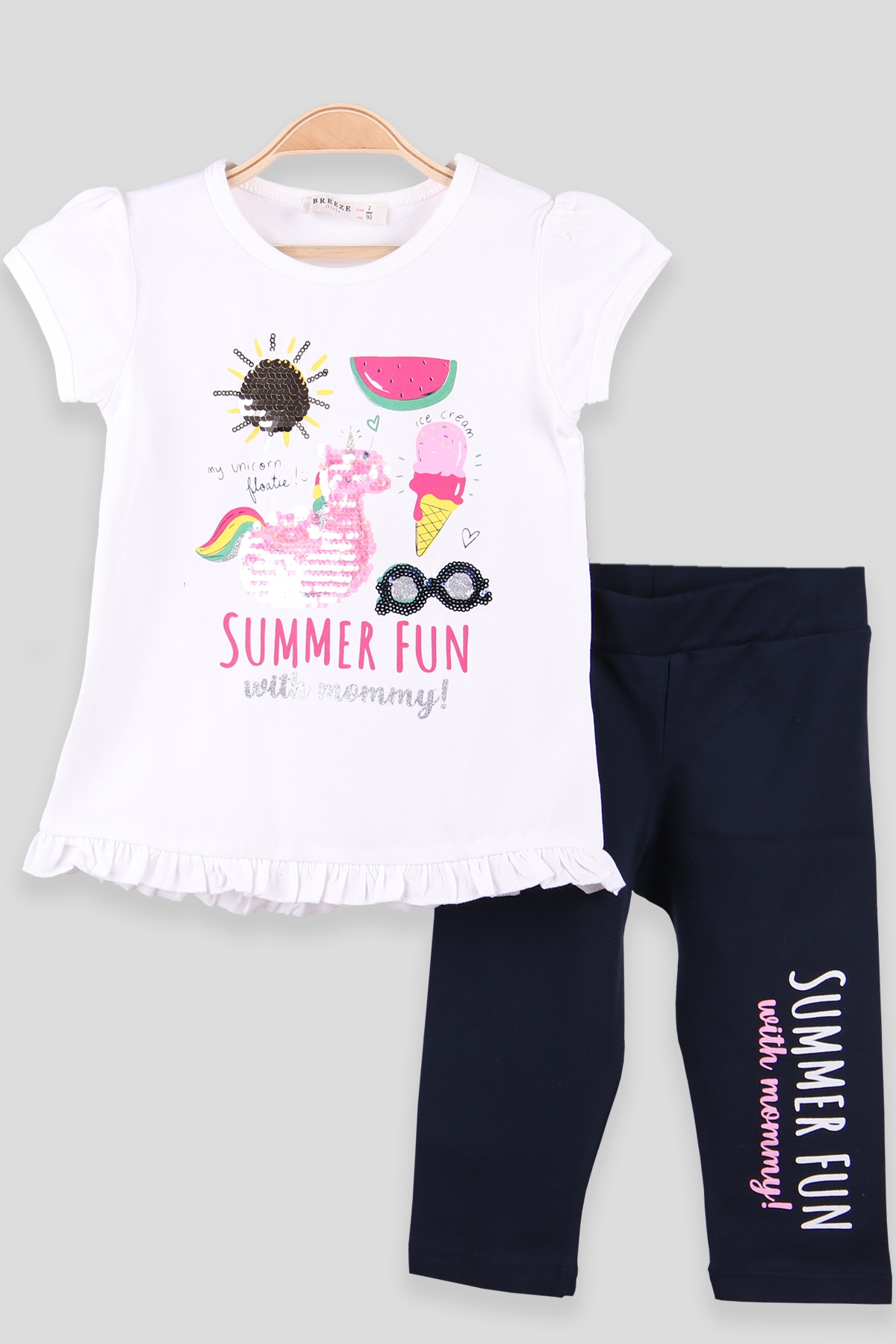 Breeze Kız Çocuk Taytlı Takım Pullu Yaz ve Unicornlu Ekru (2-6 Yaş)