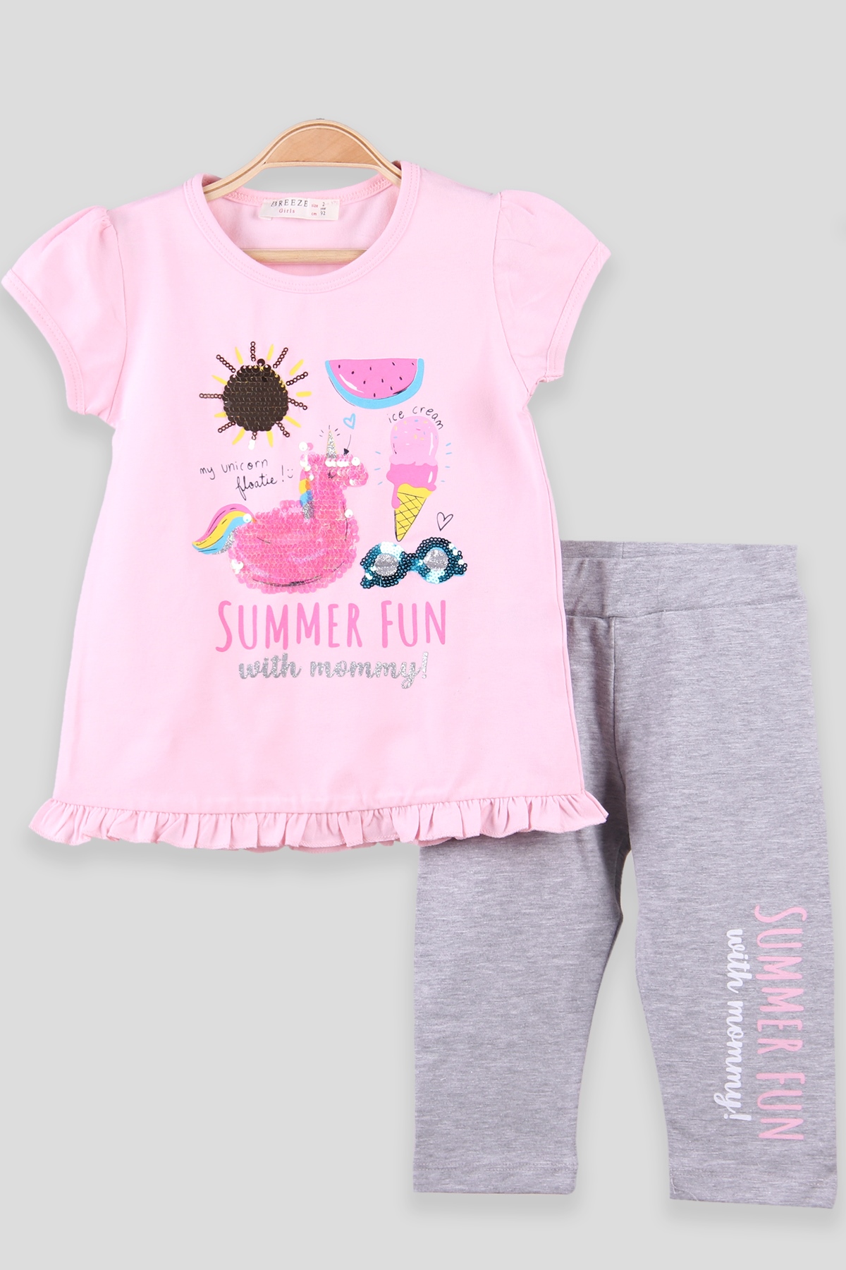Breeze Kız Çocuk Taytlı Takım Pullu Yaz ve Unicornlu Pembe (2-6 Yaş)