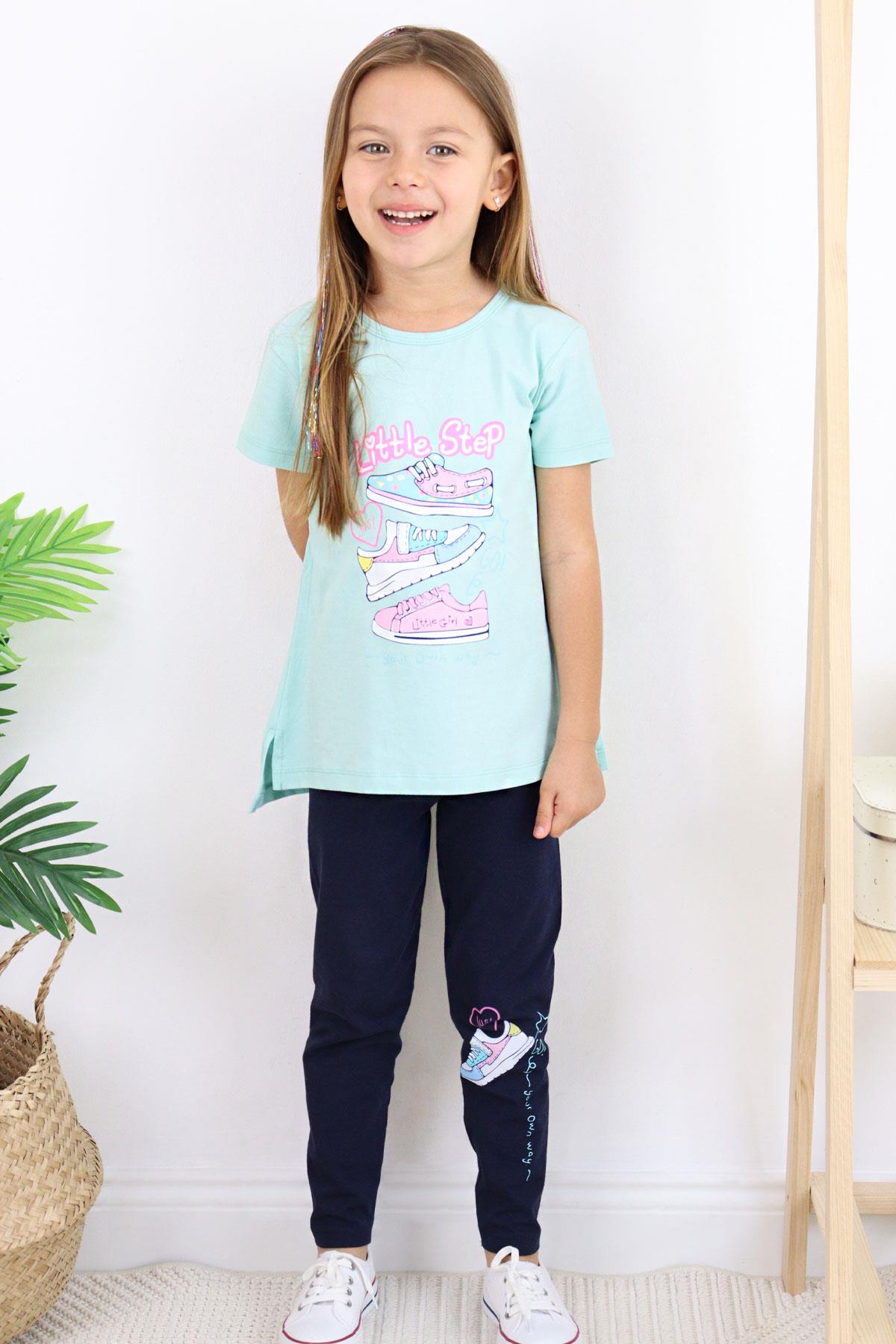 Breeze Kız Çocuk Taytlı Takım Renkli Ayakkabı Baskılı Su Yeşili (5-10 Yaş)