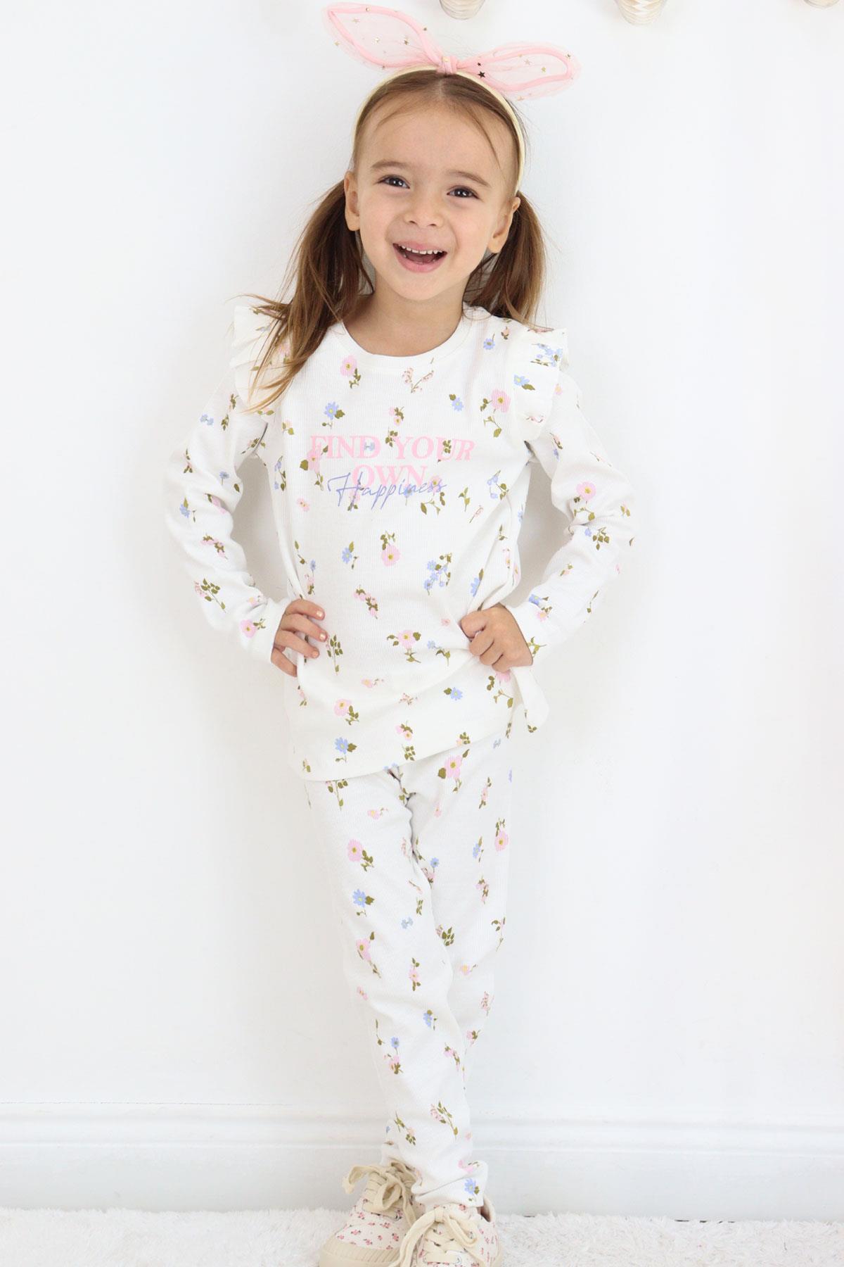 Breeze Kız Çocuk Taytlı Takım Renkli Çiçek Desenli Omuzu Fırfırlı Ekru (2-6 Yaş)