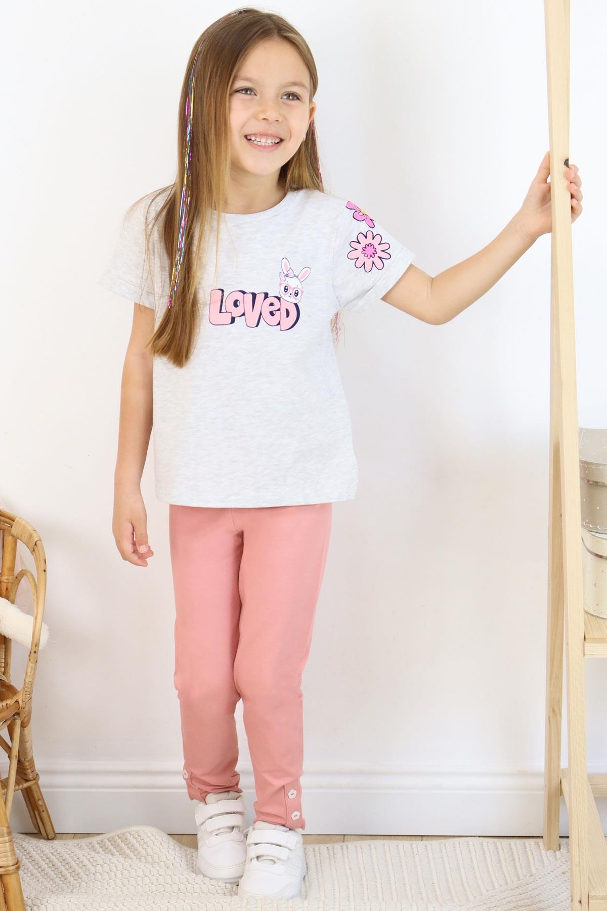 Breeze Kız Çocuk Taytlı Takım Sevgi Temalı Tavşancık Baskılı Açık Gri Melanj (4-8 Yaş)