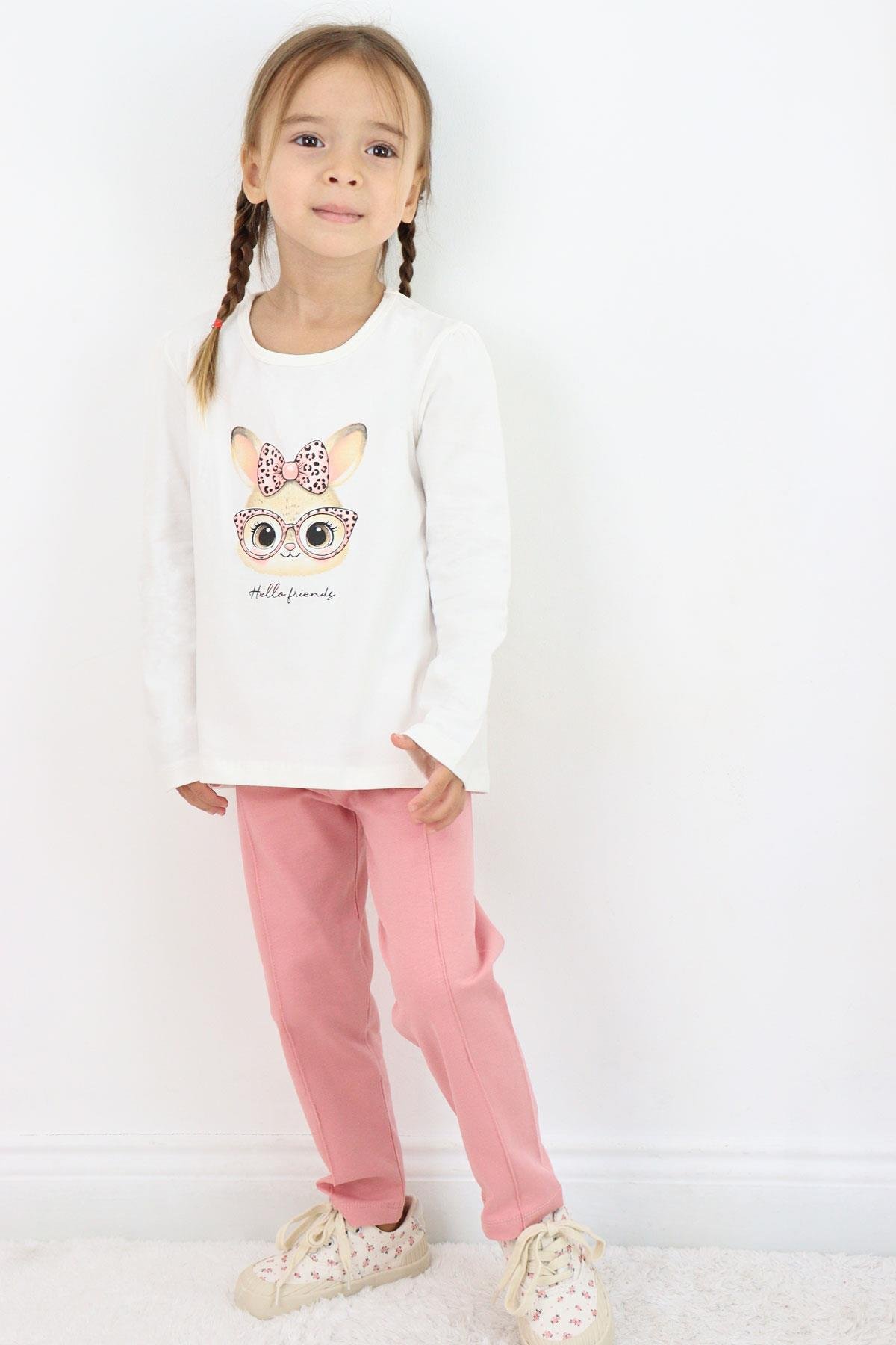 Breeze Kız Çocuk Taytlı Takım Sevimli Gözlüklü Tavşancık Ekru (2-6 Yaş)