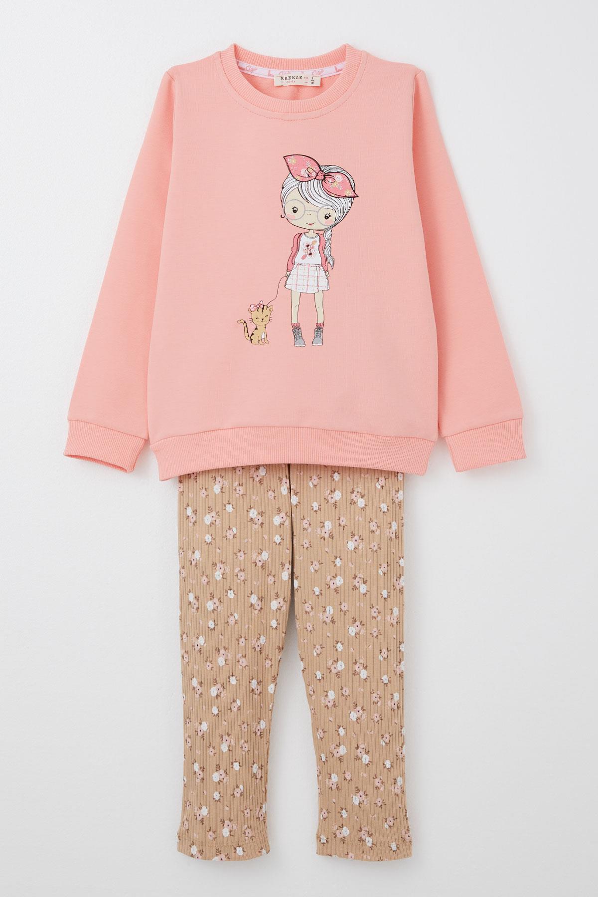 Breeze Kız Çocuk Taytlı Takım Sevimli Kız Baskılı Çiçekli Somon (2-6 Yaş)