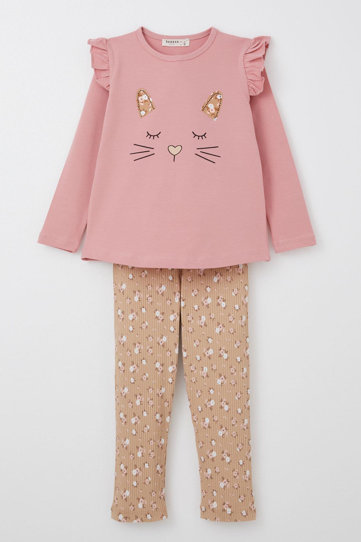 Breeze Kız Çocuk Taytlı Takım Sevimli Hayvancık Baskılı Çiçekli Gülkurusu (1.5-5 Yaş)