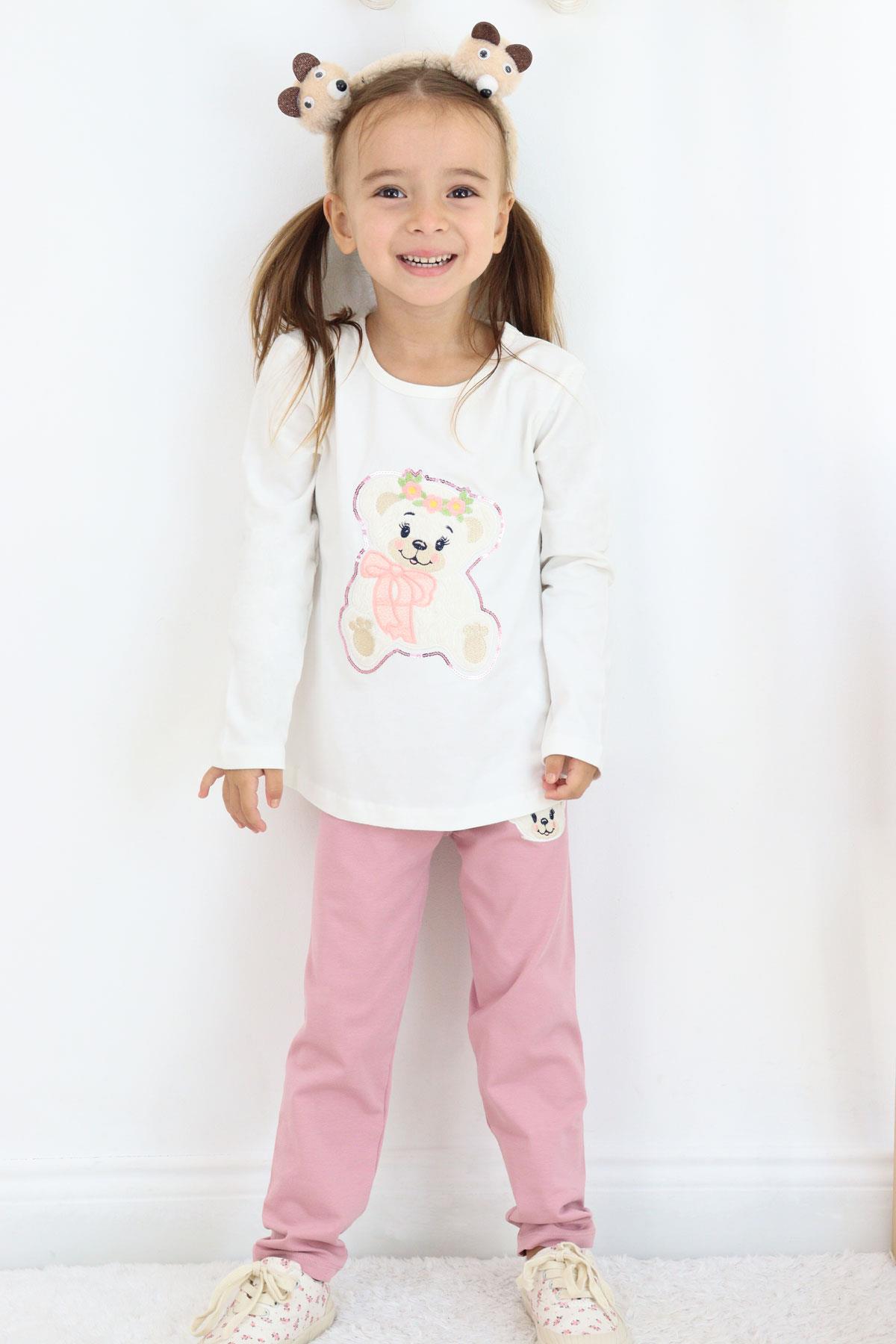 Breeze Kız Çocuk Taytlı Takım Sevimli Ayıcık Nakışlı Pullu Ekru (1.5-4 Yaş)