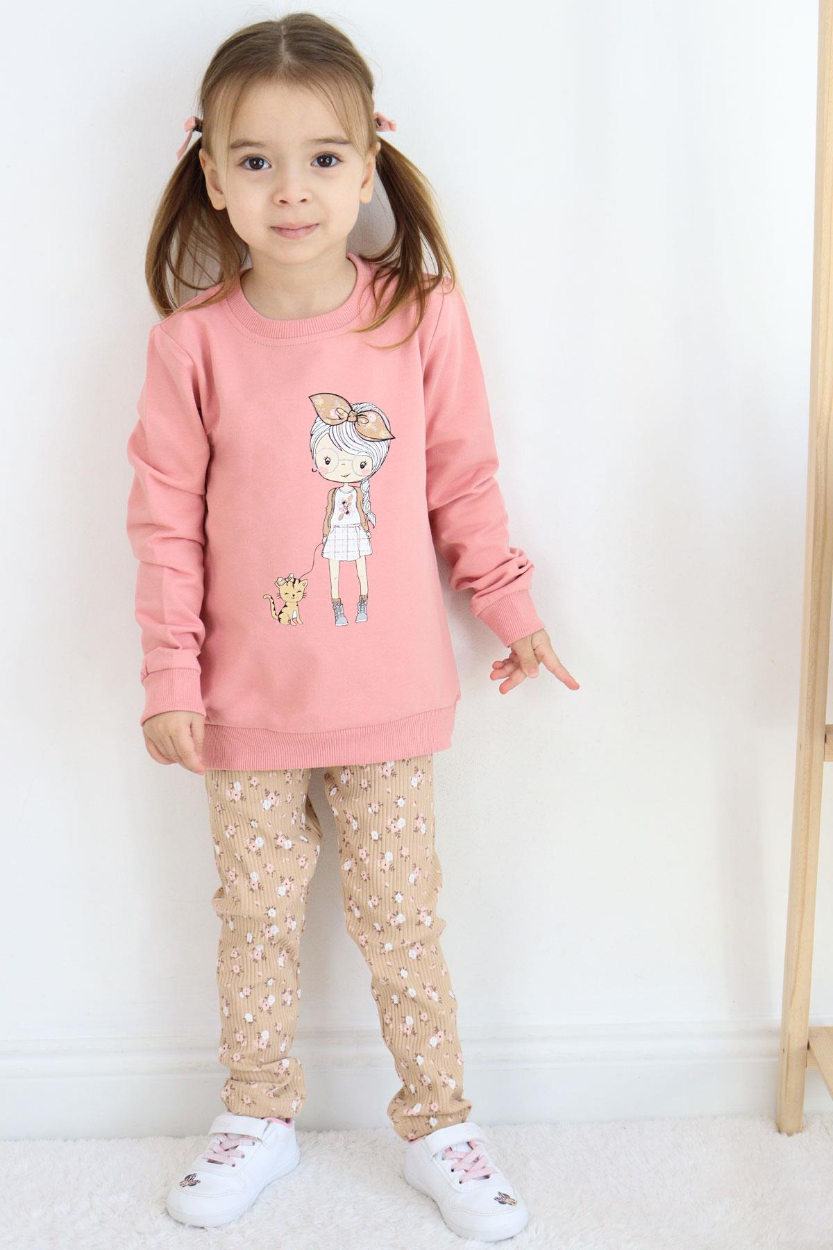 Breeze Kız Çocuk Taytlı Takım Sevimli Kız Baskılı Çiçekli Gülkurusu (2-6 Yaş)