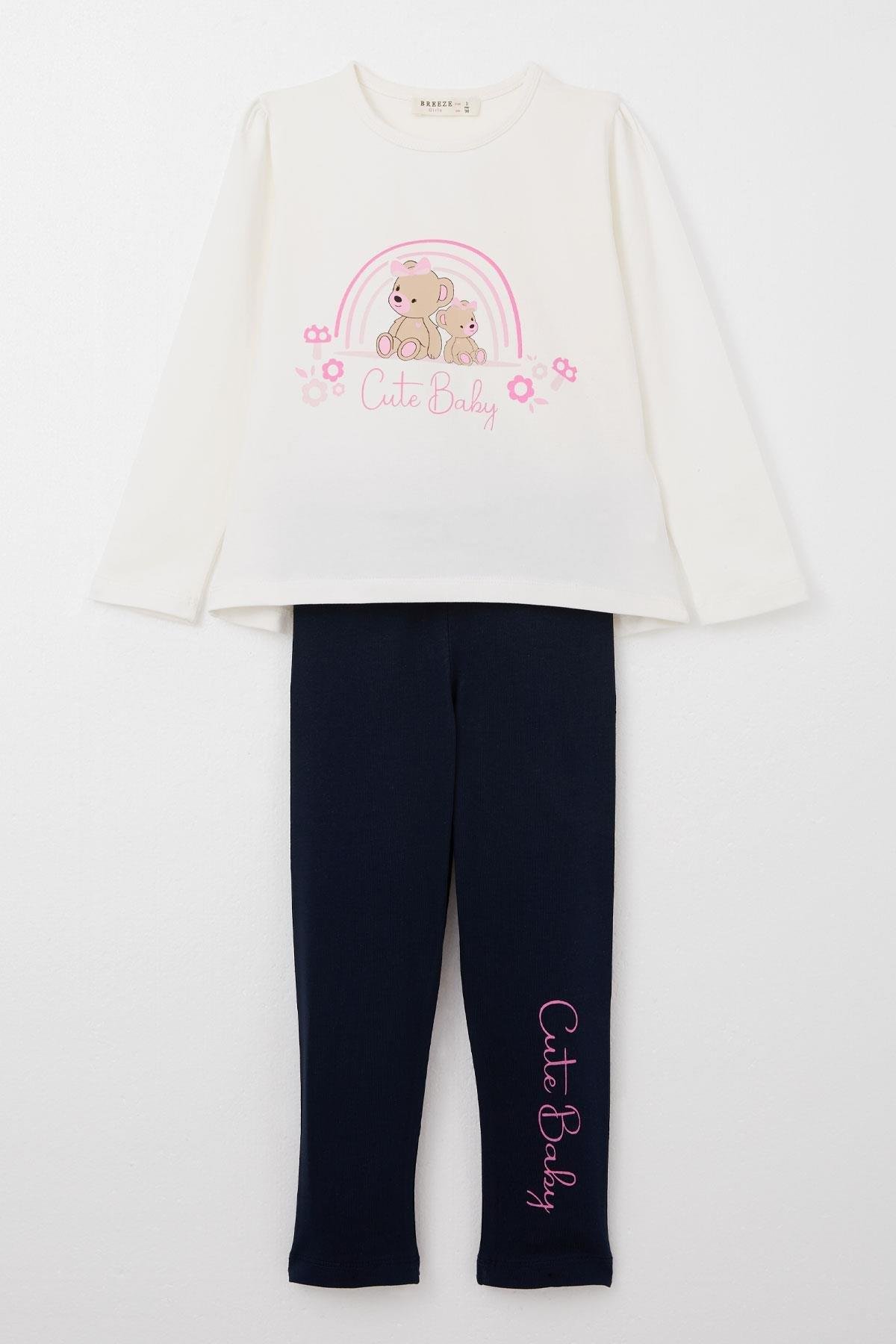 Breeze Kız Çocuk Taytlı Takım Sevimli Bebek Ayıcıklar Baskılı Ekru (1-4 Yaş)