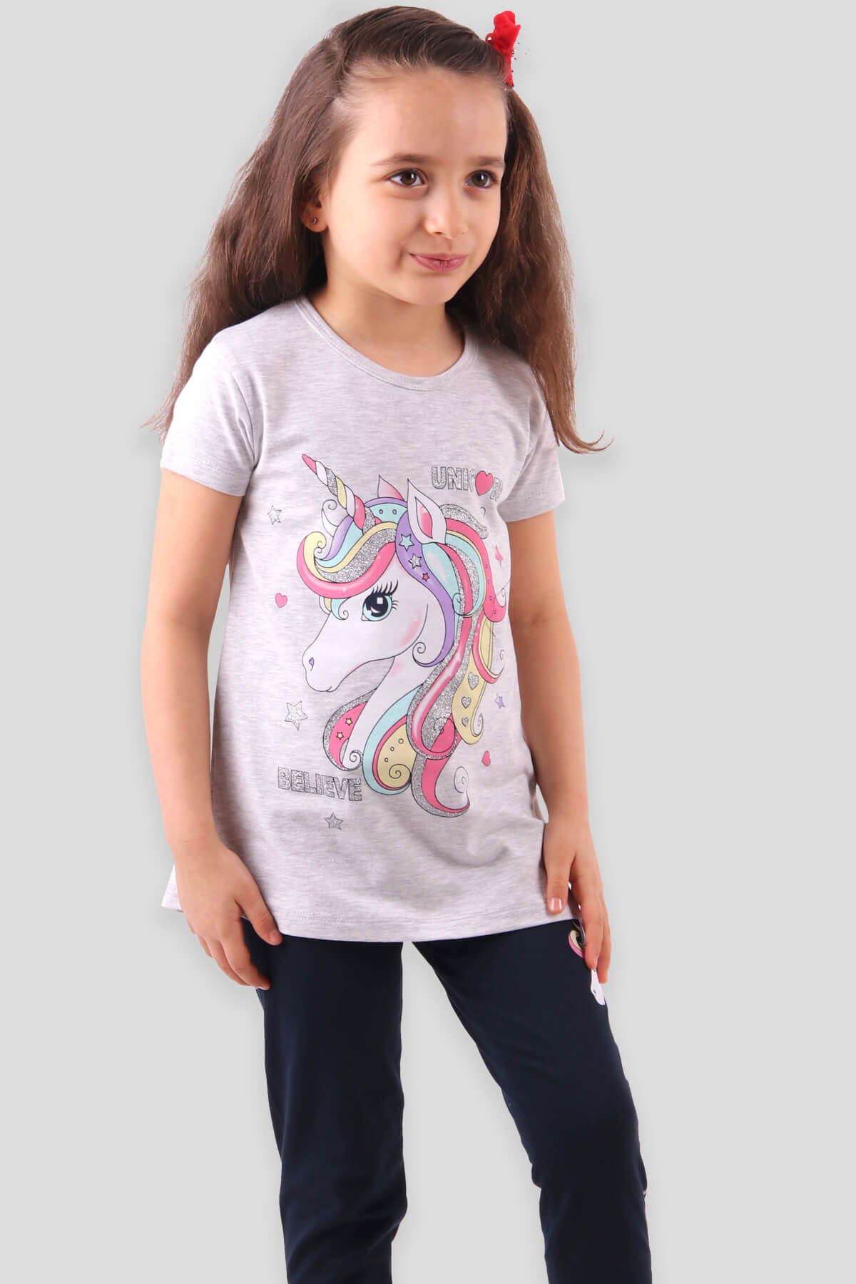 Breeze Kız Çocuk Taytlı Takım Simli Unicorn Baskılı Gri (3-8 Yaş)