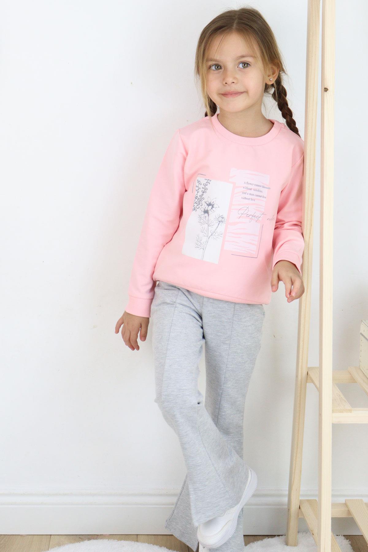 Breeze Kız Çocuk Taytlı Takım Slogan Temalı Çiçek Baskılı Pembe (5-10 Yaş)