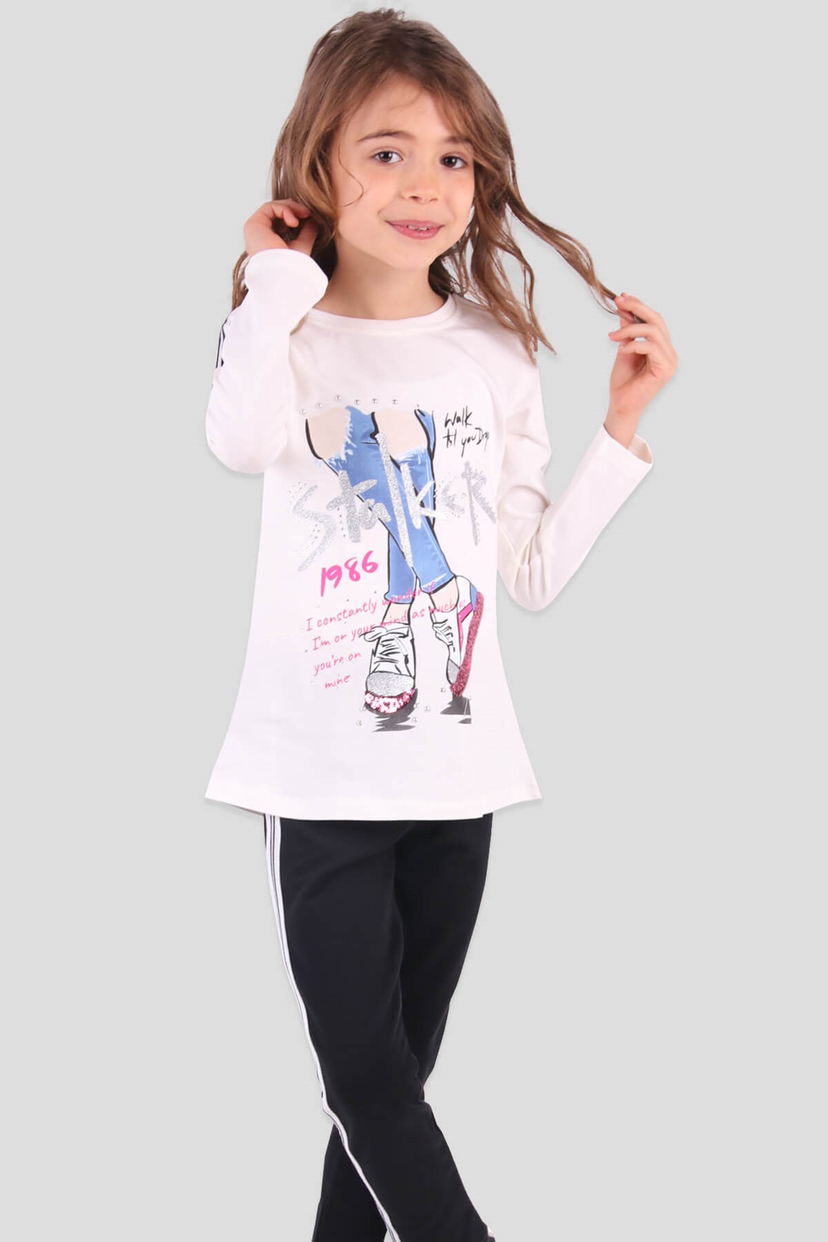 Breeze Kız Çocuk Taytlı Takım Taşlı Simli Ekru-Lacivert (6-12 Yaş)