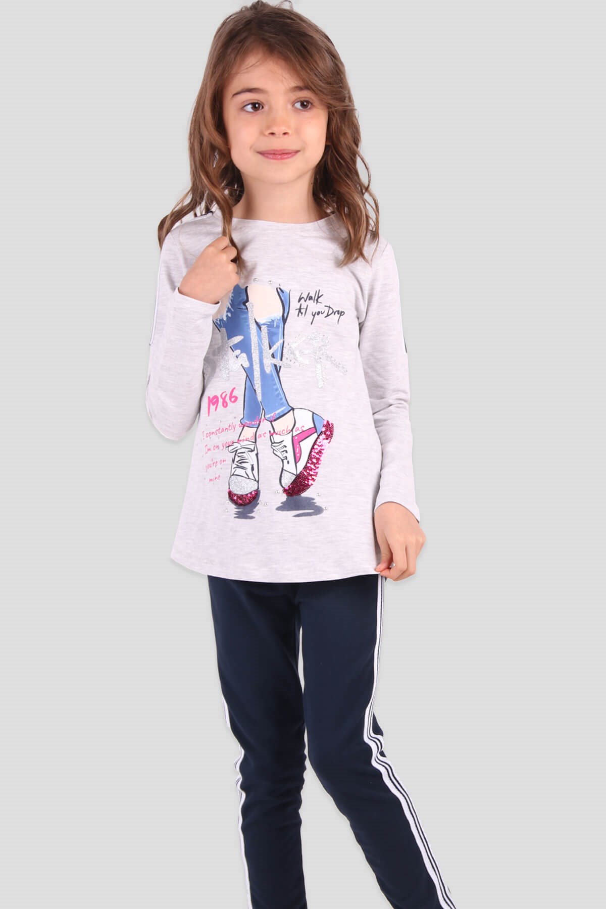Breeze Kız Çocuk Taytlı Takım Taşlı Simli Gri-Lacivert (6-12 Yaş)