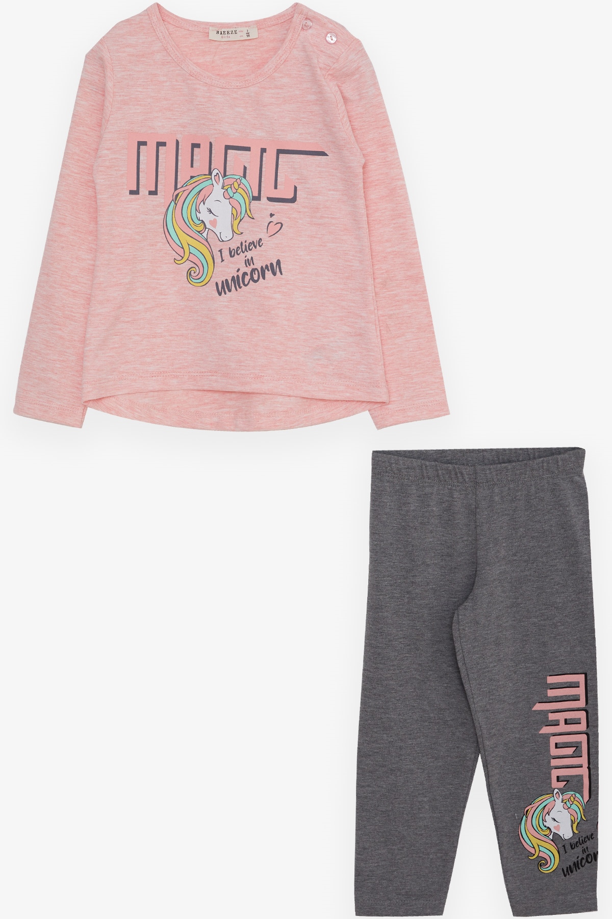 Breeze Kız Çocuk Taytlı Takım Unicorn Baskılı Somon Melanj (1.5-5 Yaş)