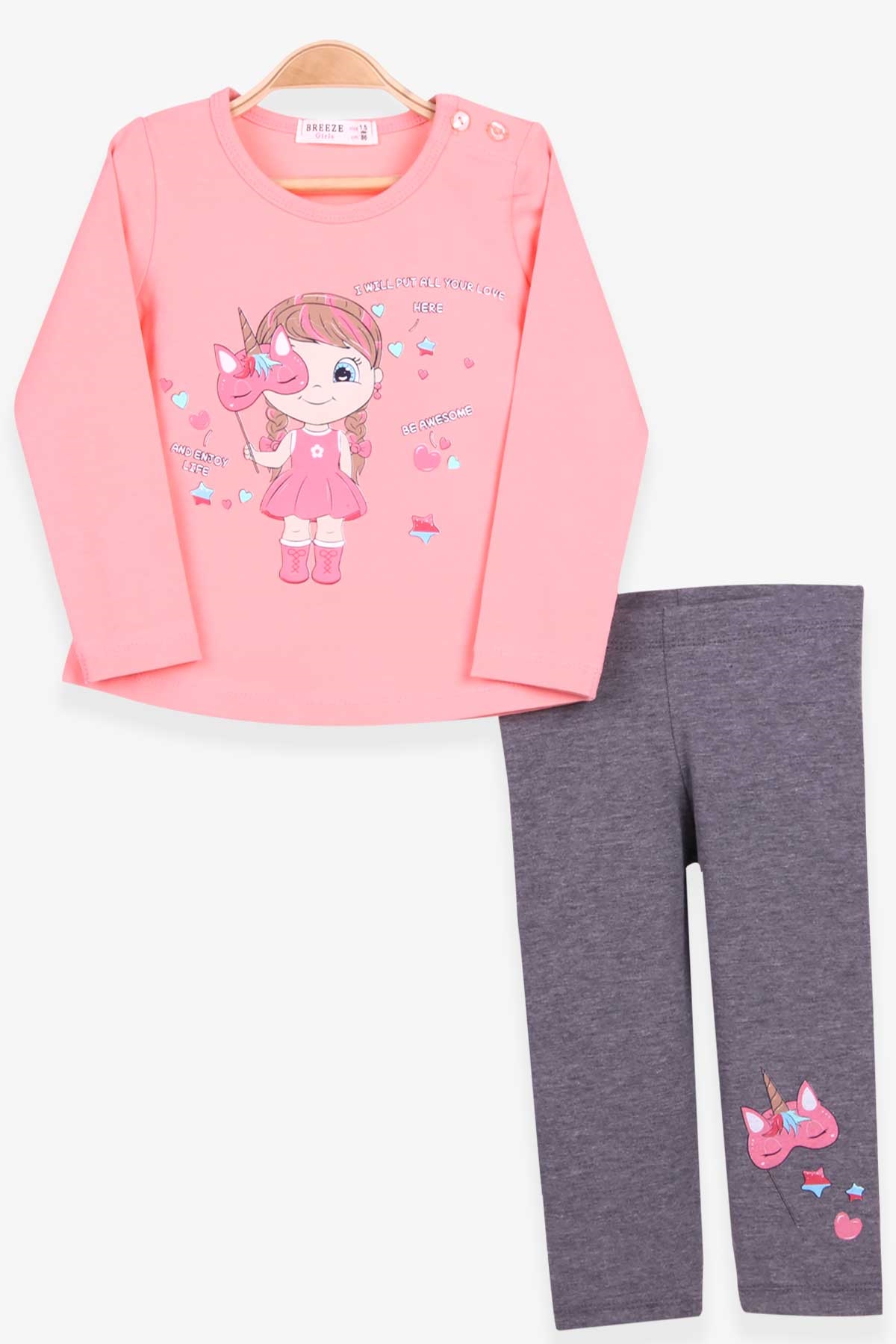 Breeze Kız Çocuk Taytlı Takım Unicorn Maskeli Kız Somon (1.5-5 Yaş)