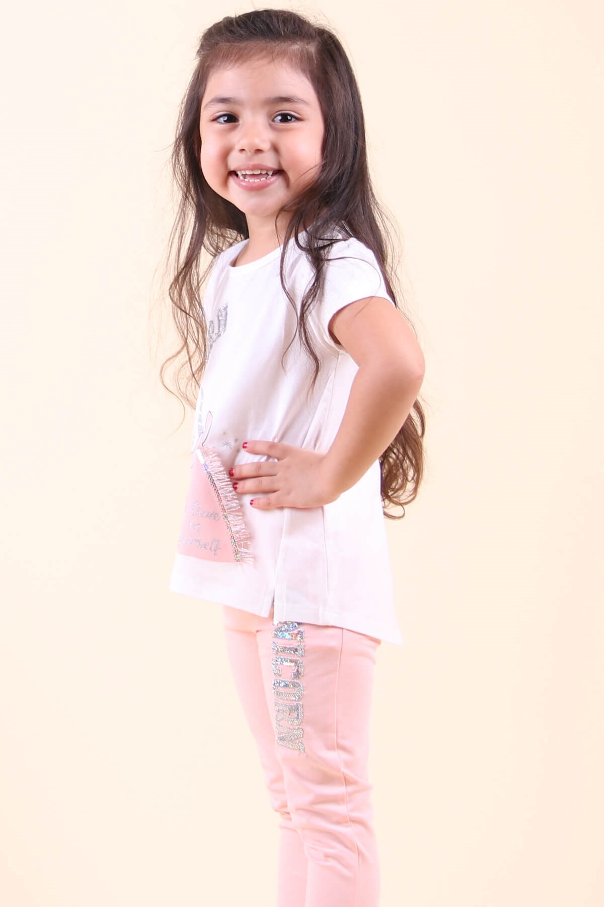 Breeze Kız Çocuk Taytlı Takım Unicornu Püsküllü Pullu  Ekru (2-6 Yaş)