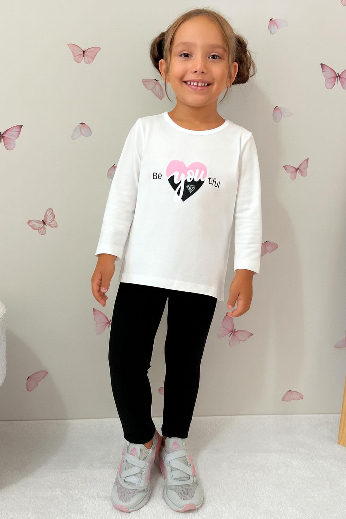 Breeze Kız Çocuk Taytlı Takım Yazı Baskılı Ekru (4-8 Yaş)