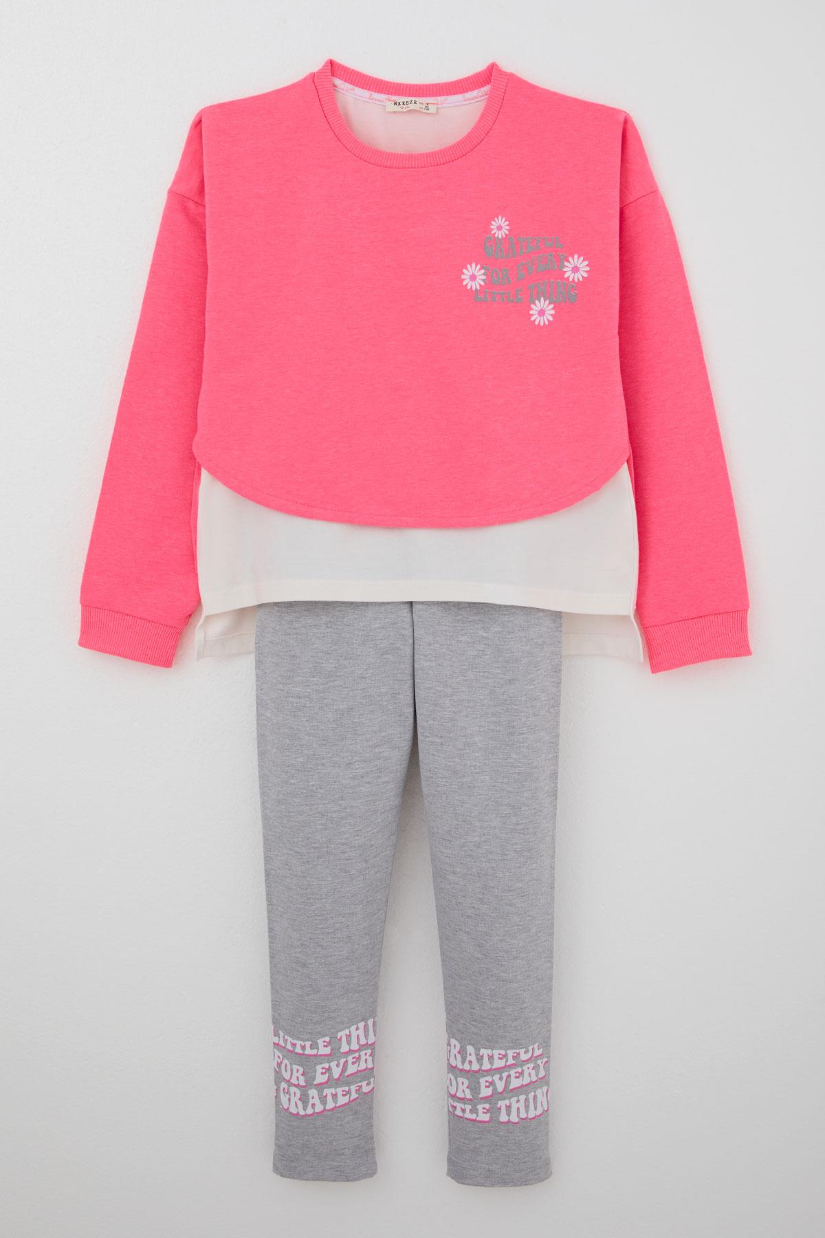 Breeze Kız Çocuk Taytlı Takım Yazı Çiçek Baskılı Neon Pembe (8-12 Yaş)